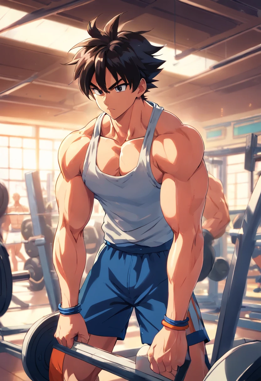 Troncos, anime, Dragon ball z, masculino, training intensely in a bodybuilding gym, expression serious, Well-defined and detailed muscles