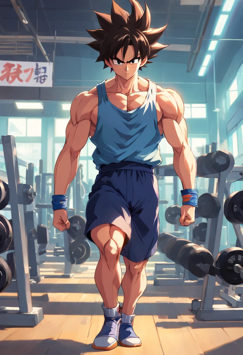 Troncos, anime, Dragon ball z, masculino, training intensely in a bodybuilding gym, expression serious, Well-defined and detailed muscles