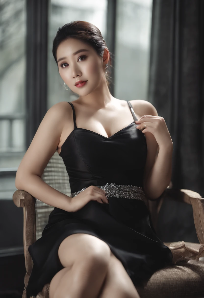 Sitting in a chair in a black dress,Korean female fashion model,Transparent coffee-backed medium shoulder strap+a skirt,mesh shirt,Chrome clothes,Shiny silver,Luckily I showed up,Bigchest,Lingerie transparent,white skinned,black garter stockings,Overweight,thighs thighs thighs thighs,big assa,best qualtiy, tmasterpiece, 超高分辨率, realisticlying,White pedicure
