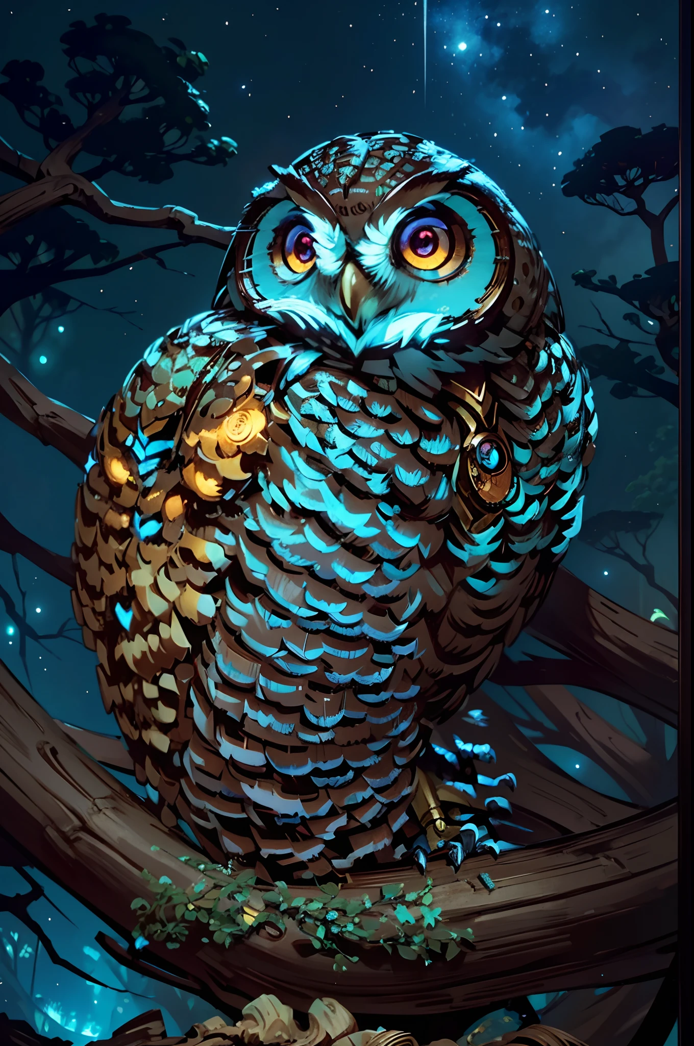 (masutepiece, High quality),
Beautiful ornate mechanical steampunk owl concept art, Looking at Viewer,
Anime Owl, Sitting on a tree branch,
extremely detailed eye,
dark nebula, Bioluminescent sky, (3D style:0.5), Bokeh,
A hyper-realistic, Sharp Focus, Convoluted, Sharp details, Highly detailed, richly colored, 8K,