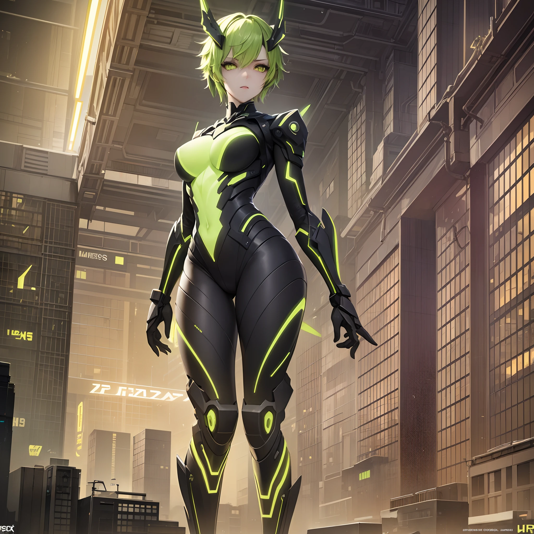 Masterpiece, Full Body Frame, One Beautiful Girl in Short Cuts pale skin, angry, short yellow-green hair, machine-made glowing green eyes, dynamic hair, perfect body, taut small breasts, very detailed, cyberpunk, neon, cinematic atmosphere, exact correct anatomy, art station, muted colors, triad colors, volumetric lighting, indirect light, dynamic lighting, 2 side light sources, post-processing, global illumination, detailed and complex environment, model shooting style, 8K UHD, concept art, octane rendering, machine body, small drone flying around