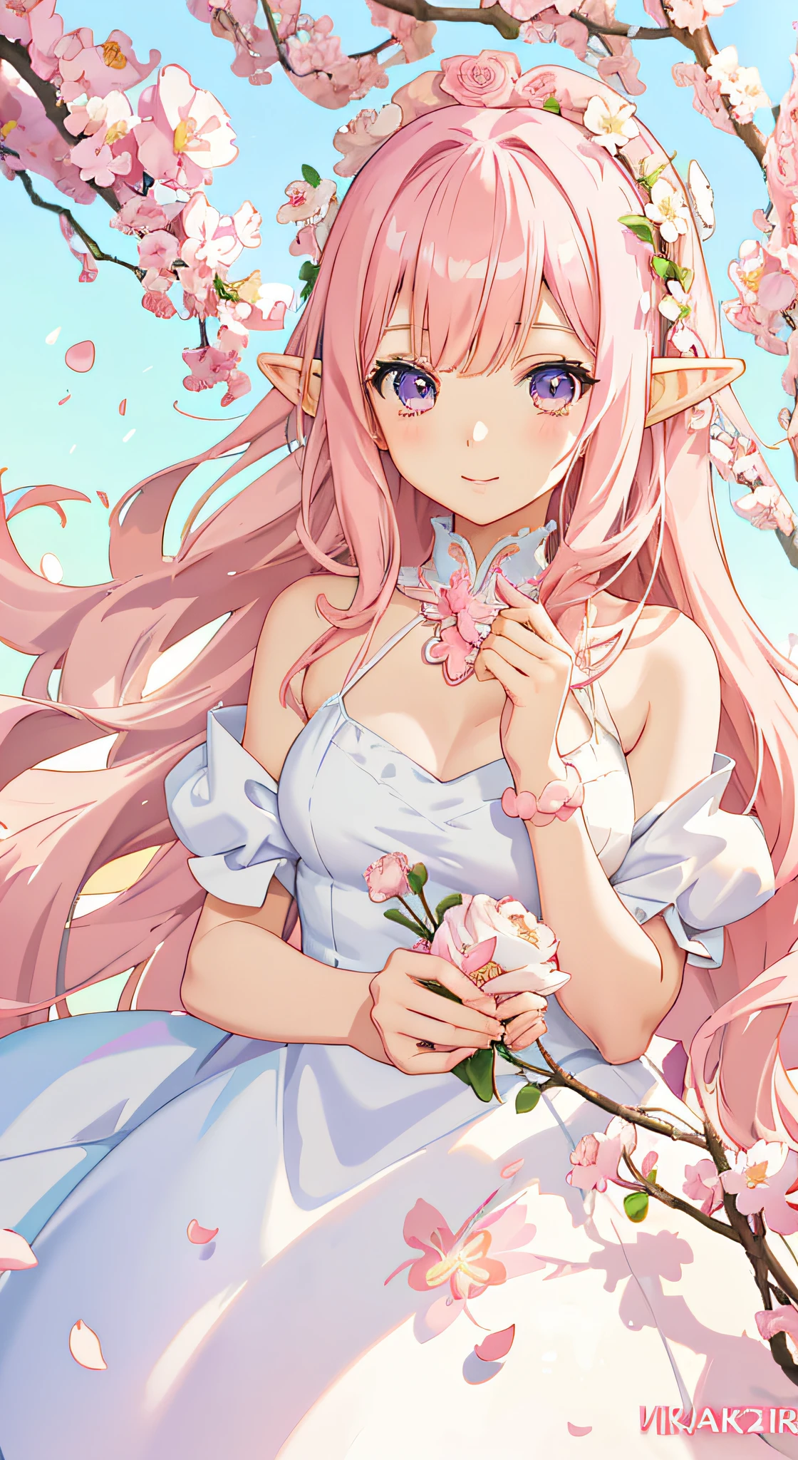 anime girl with pink hair and white dress surrounded by flowers, digital art on pixiv, beautiful anime art style, beautiful anime girl, cute anime waifu in a nice dress, sakura petals around her, zerochan art, anime artstyle, soft anime illustration, pixiv, anime art style, beautiful anime style, anime style 4 k, anime girl, elf ears