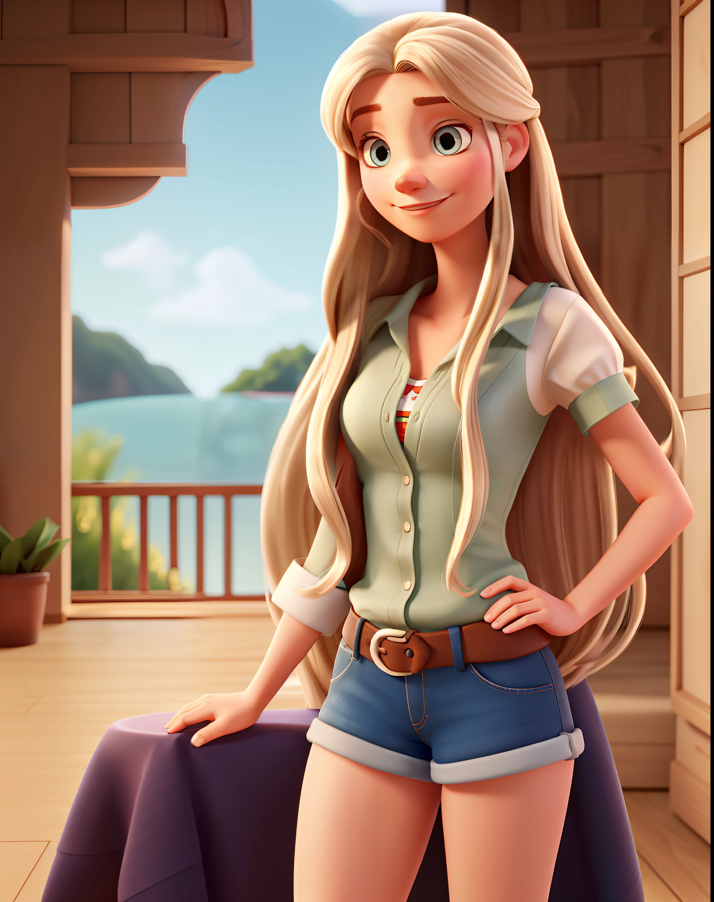 Caucasian woman with long straight hair in pixar style, Next to Ruan Santana