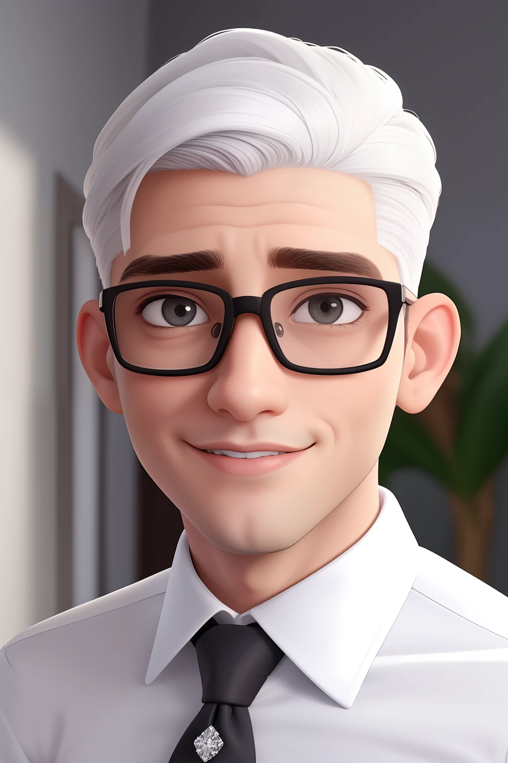 Um homem de 30 anos, com cabelos castanhos curtos,face de diamante, olhar rigoroso, e olhos castanhos, Wearing white white shirt with tie and glasses.