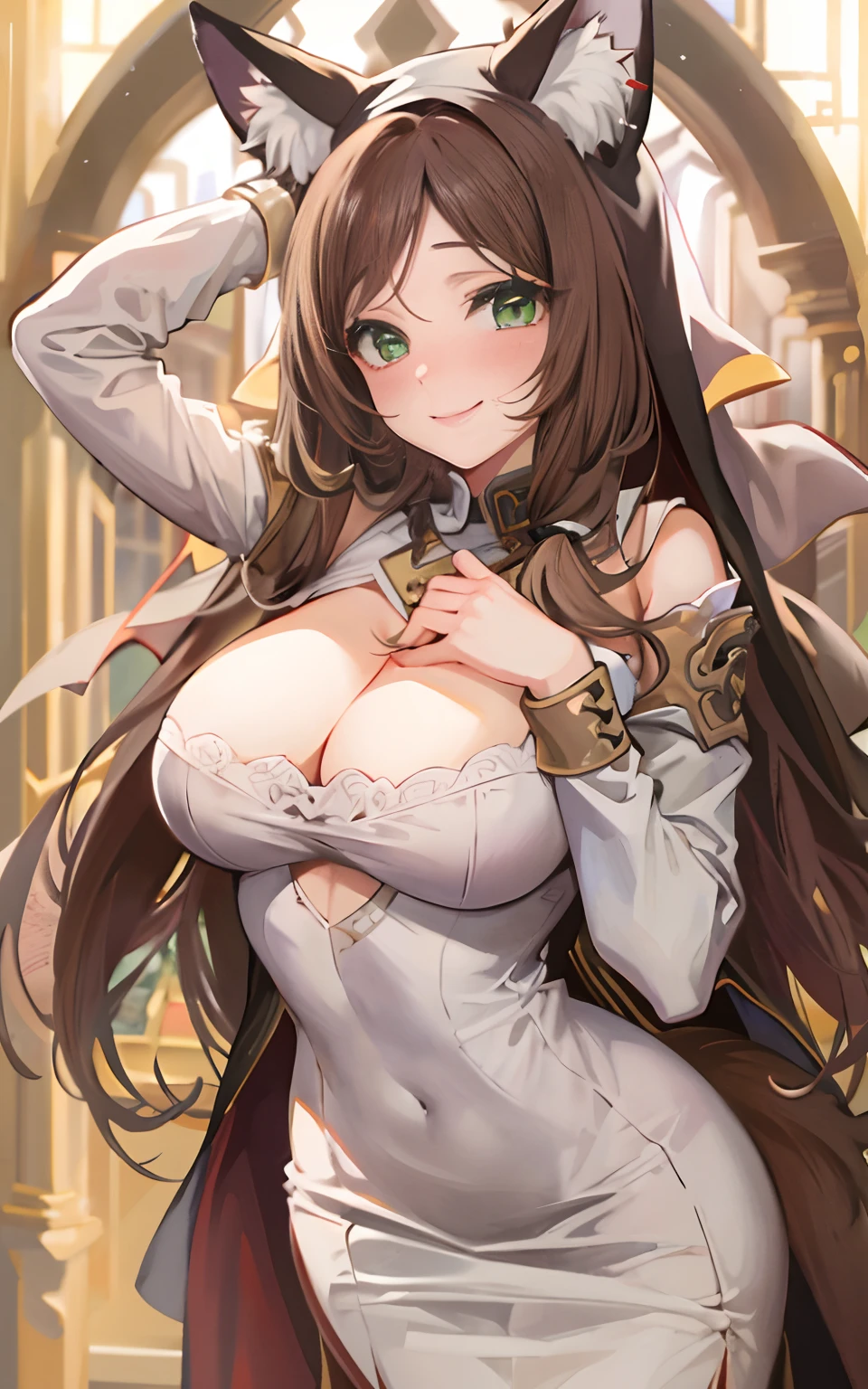 (Masterpiece: 1.5), (Best Quality: 1.5), Perfect Eyes, Perfect Face, Detailed Eyes, Volumetric Lighting, 1 Woman, Mature Woman, (Whiteness: 5), fox ears, fox tail, dark brown hair, green eyes, long hair, sexy, cowboy shot, massive breasts, cleavage, nun dress, nun habit, revealing cloths, lewd gaze, lewd smile, blushing,
