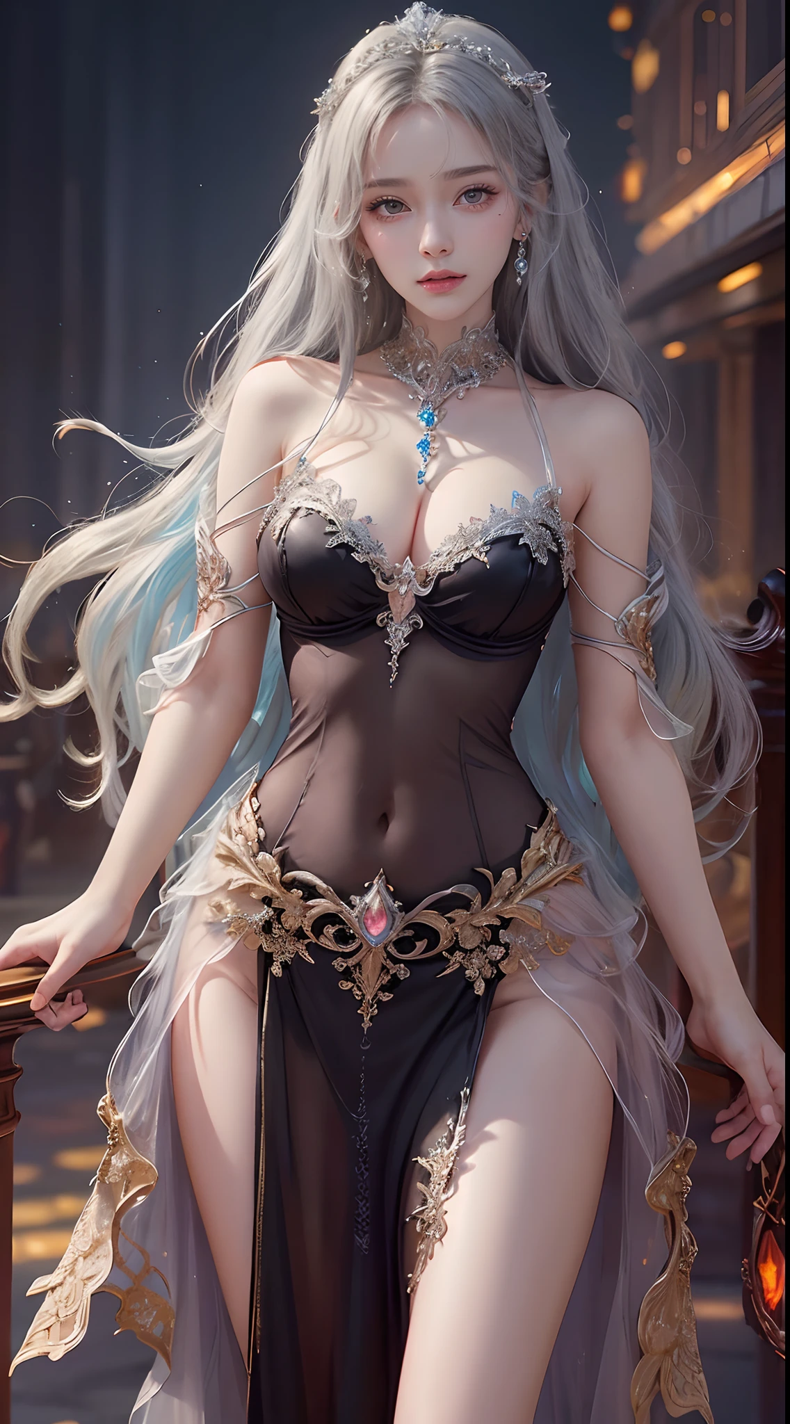 Woman in a transparent dress with red diamond crystal diamonds,view the viewer,(((nedium breasts, cleavage ))),Slim waist,(navel baring,Bare waist), Long hair, Ultra-detailed details,High-end Zhenyi station, Rainstorm site, detailed fantasy art, Stunning character art, Beautiful and exquisite character art, Beautiful gold and silver armor, Extremely detailed, Girl in shiny armor, Exquisite tiaras and jewelry,Crystal jewelry filigree, milky ways, Stunning visuals, (dynamic streaks, light tracks:1.2), Vibrant colors,