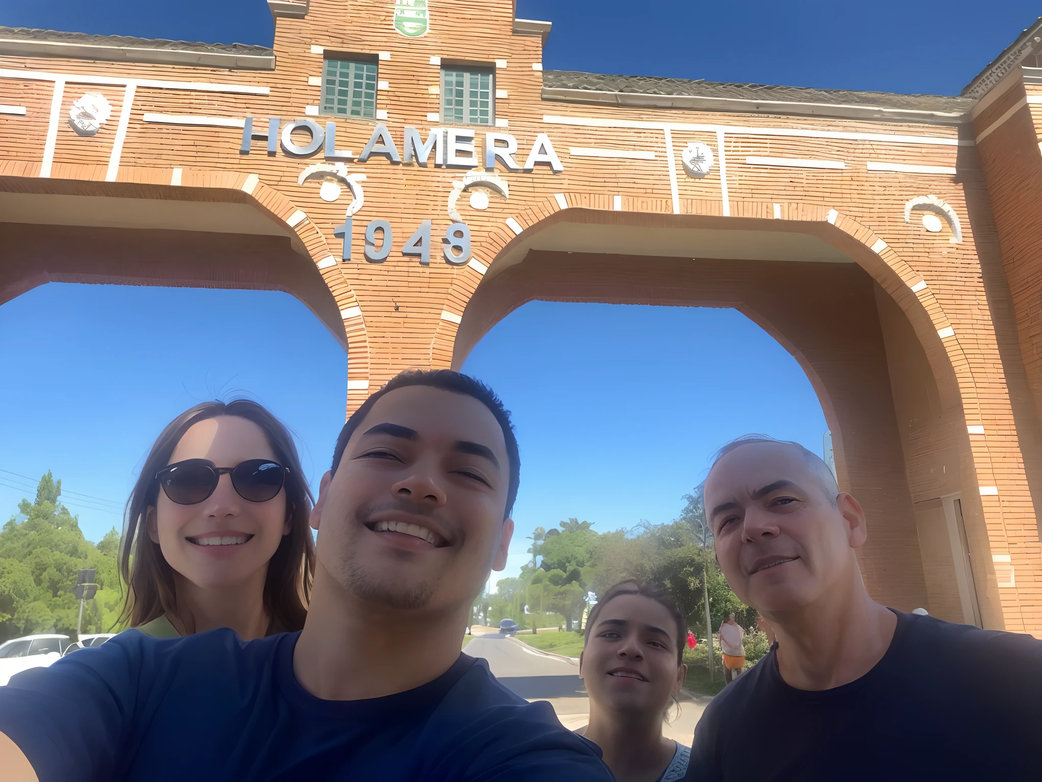 There are three people taking a selfie in front of a building, foto assustadora, Family photo, foto de grupo, in the 4 0th millennium, no parque em um belo dia, Capturado no iPhone, in a city with a rich history, tirado no iphone 14 pro, in front of the house, standing in front of lowrider, em um dia ensolarado