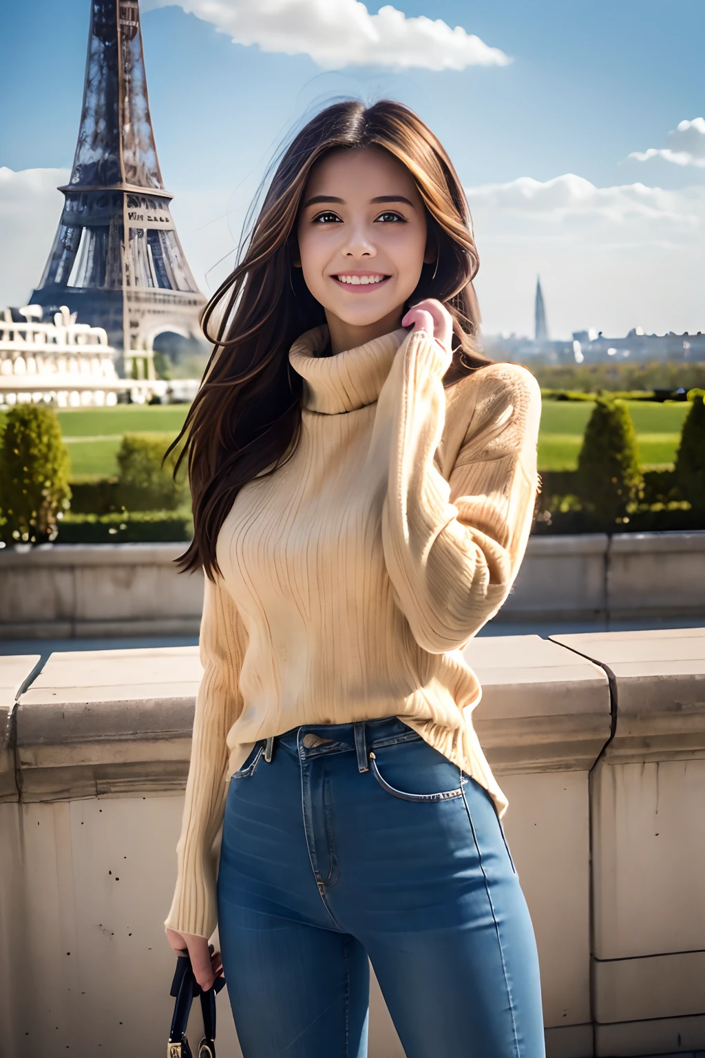 (8k, best quality, masterpiece:1.2), (realistic, photo-realistic:1.37), ultra-detailed, 1 girl, full body, Standing on the Paria city wearing turtleneck sweater and skinny jeans, with Eiffel Tower in the background, cute,solo, beautiful detailed sky, (smile:1.15),(closed mouth), beautiful detailed eyes, (long hair:1.2), floating hair NovaFrogStyle,