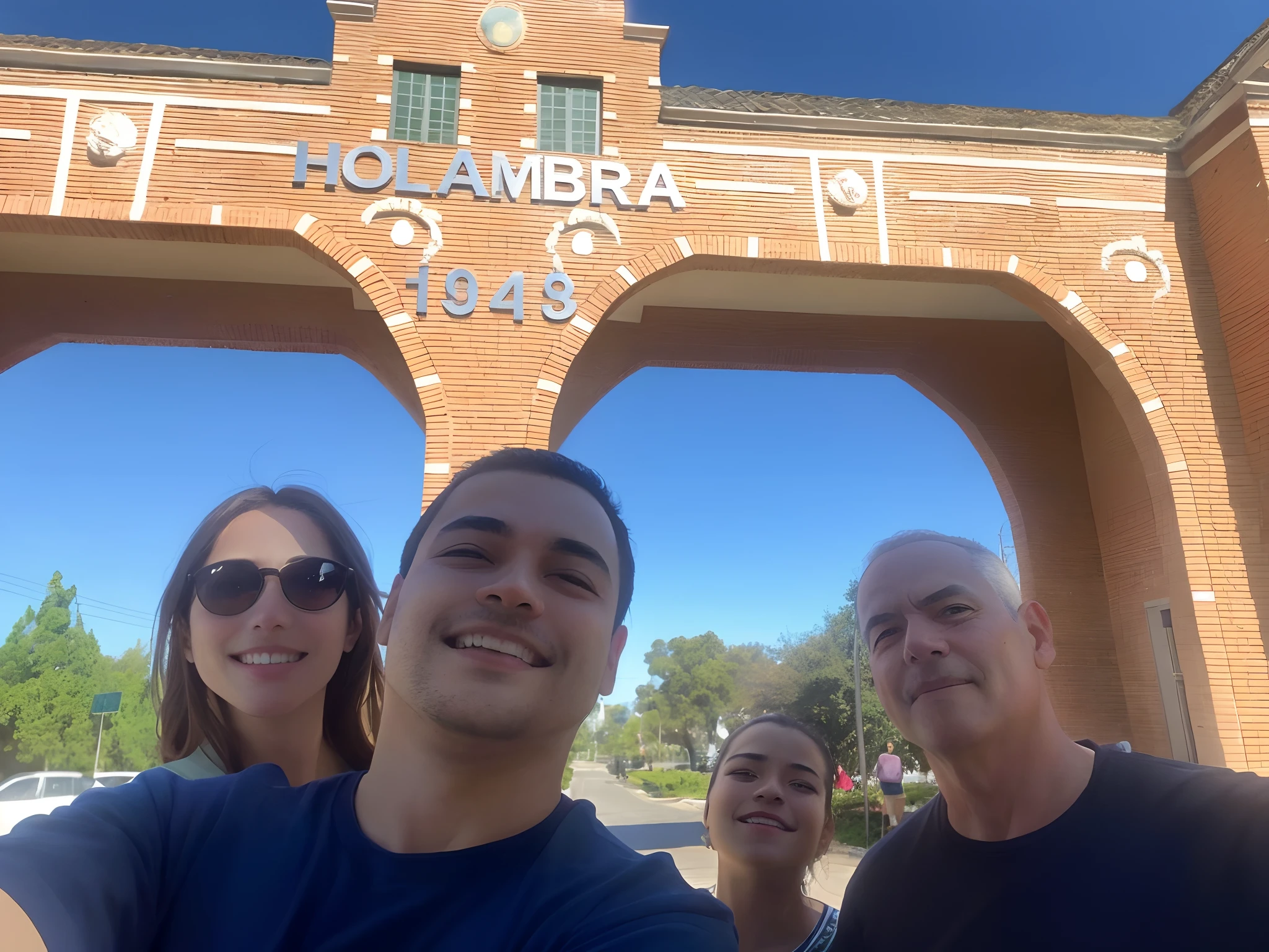 There are three people taking a selfie in front of a building, foto assustadora, Family photo, foto de grupo, in the 4 0th millennium, no parque em um belo dia, Capturado no iPhone, in a city with a rich history, tirado no iphone 14 pro, in front of the house, standing in front of lowrider, em um dia ensolarado