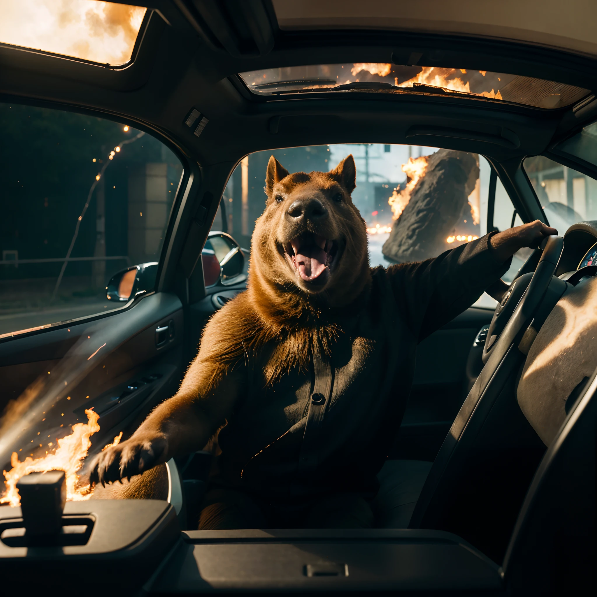 A really happy capybara, smilling, wearing butler clothes, formal clothes , hand on steering wheel, destruction outside, fire behind him, neon lights, 8k, heigh quality, high detail