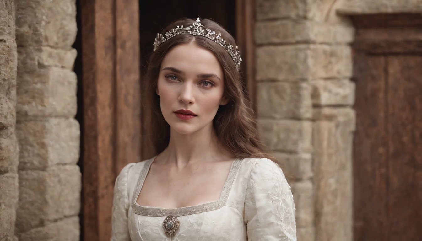 aged noble woman wearing a medieval white dress stands pressed against a closed wooden door, imprisoned in a stone castle room, cinematic, 8k, cinematic scene from film, eerie, gothic, day, in the cinematic style of Dion Beebe