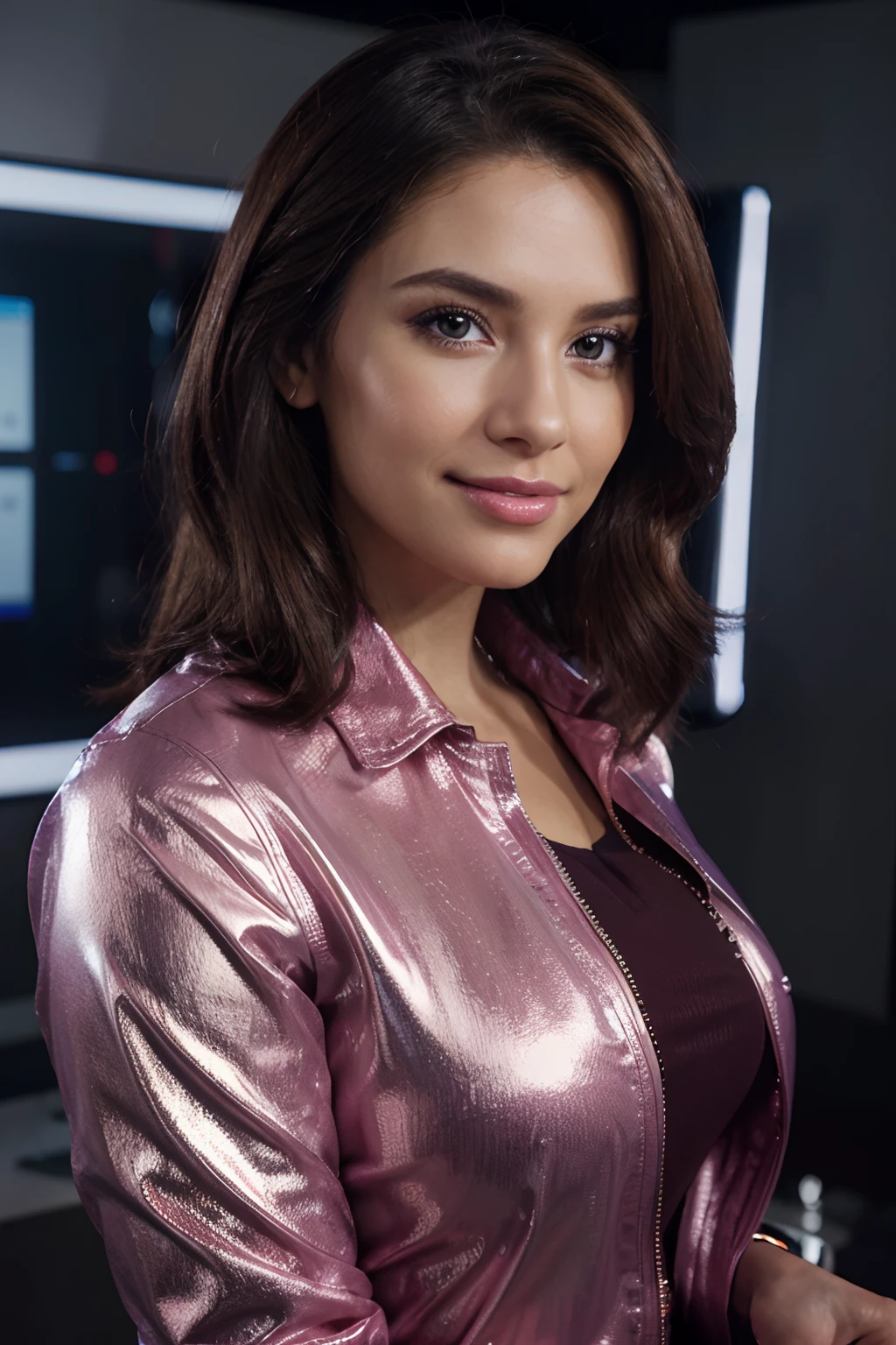 high-res 4k realistic portrait, attractive tv reporter, professional lighting, vibrant colors, detailed face and eyes, confident smile, glossy lips, stylish outfit, microphone in hand, newsroom background, live reporting atmosphere, dynamic pose, natural makeup, perfect hair, on-camera charm, half body view, viewing the viewer