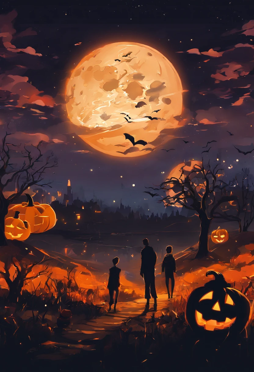 Anime Background、Halloween Backgrounds、landscapes、Full Moon Night、starrysky、the bats、Pumpkin field、gradients、Orange Lighting、Halloween Floating Lights, Cinematic light and reflection, glowing lights, Intermediate metaverse elements，Digital Painting, Glowing reflections, pondering, Halloween Jack-o'-lantern, calm night, Digital Illustration, Beautiful atmosphere, Skylight at night, Calm evening atmosphere, Jack-o'-lantern, Halloween, the night, themoon, The game scene, Halloween, Surrounded by clouds,gorgeous colors, ( (Splash ink ) ), ((Splash ink) inky})), high quarity, Beautiful graphics、no human figures