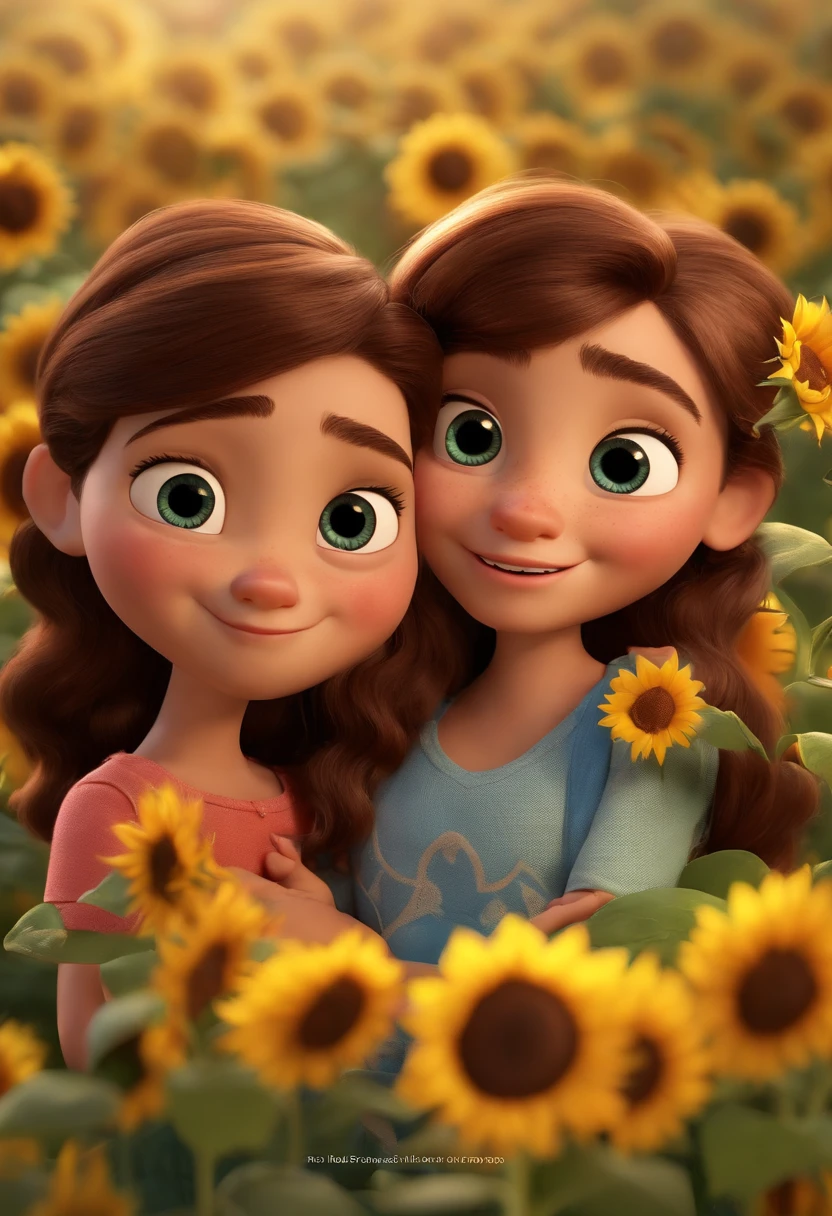 Create a Disney PIXAR-style 3D poster. ((centro da imagem, Triplets)), ((3 children)) ((1 menino no meio e 2 meninas ao lado, They're hugging each other, The boy has fair skin and medium brown hair and dark brown eyes, 1 menina tem pele clara, olhos e cabelos claros e lisos, e a outra menina tem pele morena, olhos escuros e cabelos escuros e cacheados)) ((tudo isso no estilo Disney PIXAR 3D, In the background, A house of sunflowers, Gloria Studio, The garden is full of nature 3D render RTX clay material, estilo de design cartunesco, POP Mart, soft lighting, linhas suaves, Spring tilt, Detailed illustrations of PIXAR 3D, Detalhes hiper-realistas, cor quente no estilo Disney PIXAR 3D))
