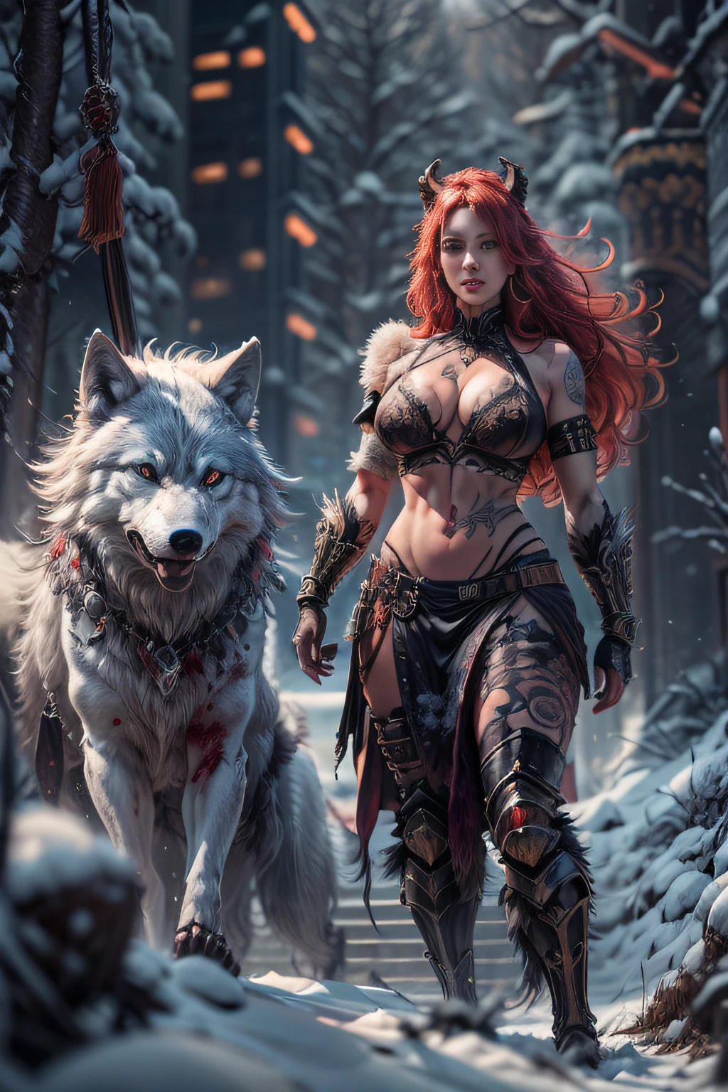 4k highly detailed realistic digital extremely high quality RAW photograph, a huge masculine woman, detailed body, detailed face, detailed eyes, orange hair, now leading them to battle. torn clothes exposing (:1.4) body, armored pauldrons, fangs, curled horns, big breasts, ((snow and blood)), ((wolf tattoos)), epic, hyperrealistic, hyperrealism, 8k, cinematic lighting, greg rutkowski, wlop, (f1.8 short focus bokeh)