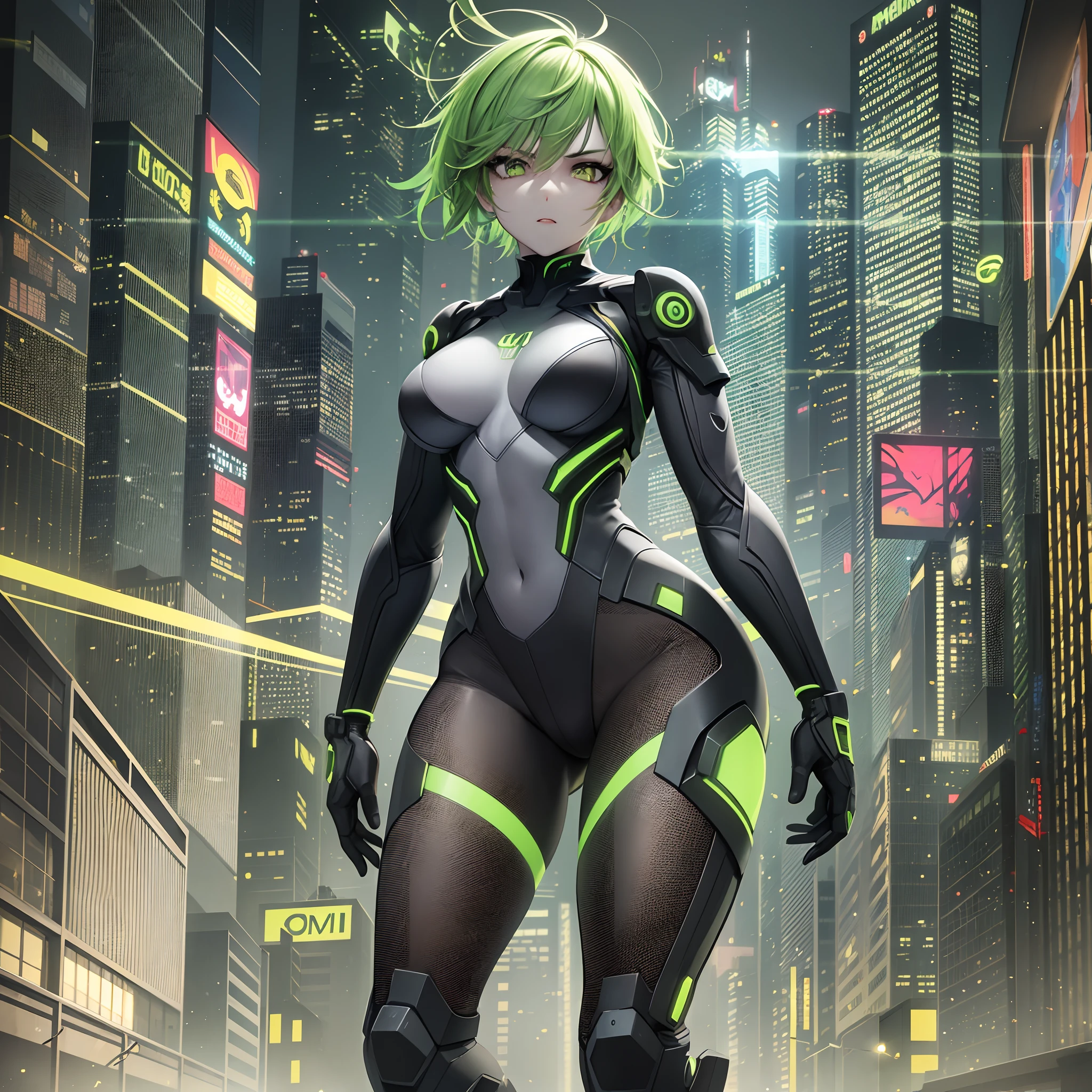 Masterpiece, Full Body Frame, One Beautiful Girl in Short Cuts pale skin, angry, short yellow-green hair, machine-made glowing green eyes, dynamic hair, perfect body, taut small breasts, very detailed, cyberpunk, neon, cinematic atmosphere, exact correct anatomy, art station, muted colors, triad colors, volumetric lighting, indirect light, dynamic lighting, Two side light sources, post-processing, global illumination, detailed and complex environments, model shooting style, 8K UHD, concept art, octane rendering, mechanical body, dynamism