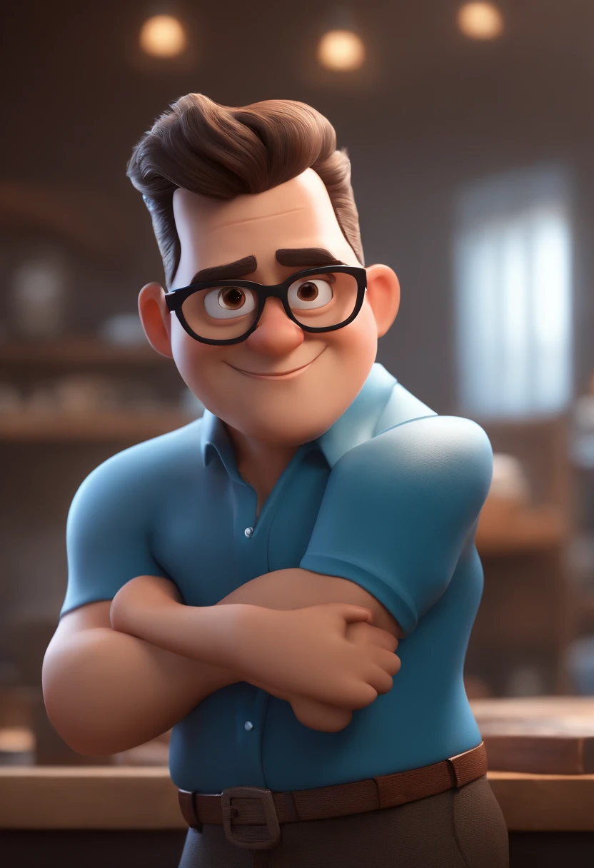 Cartoon character of a man with black glasses and a blue shirt, animation character, Caractere estilizado, animation style rendering, 3D estilizado, Arnold Maya render, 3 d render stylized, toon render keyshot, Personagem 3D, Personagem 3D, 3d rendering stylized, 3 d character render, personagem de desenho animado, Personagem de close up, Pose de personagem, (Estilo Pixar) (master part:1.2) (Bokeh) (best quality) (pele detalhada) (textura detalhada) (8k) (argila) (Cinematic lighting) (foco nítido
