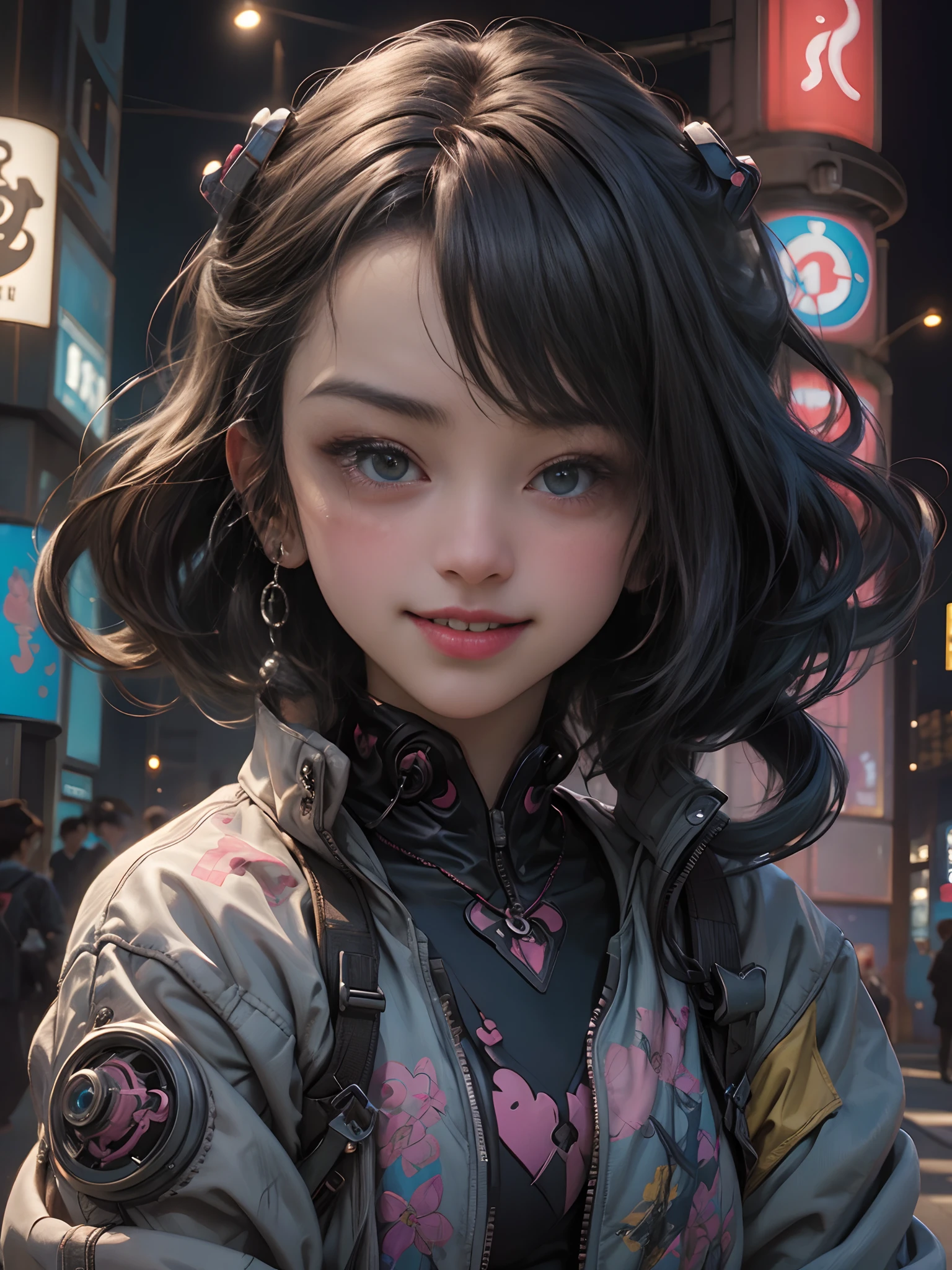 Anime masterpiece, best quality, (((laughing teenaged cyberpunk girl ((wearing detailed Harajuku tech jacket)) posing for portrait))), (((Harajuku cyberpunk clothing)))), (bold colors and patterns), eye-catching accessories, trendy and innovative hairstyle))), ((insane detail)), dazzling Cyberpunk cityscape, skyscrapers, glowing neon signs, (LED lights), anime illustration, detailed skin texture, detailed cloth texture, beautiful detailed face, intricate details, ultra detailed, cinematic lighting, strong contrast, colorful.