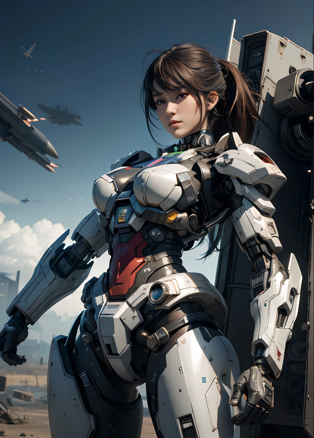 Textured skin, Super Detail, high details, High quality, Best Quality, hight resolution, 1080p, hard disk, Beautiful,(cyborgs),(Missiles from the chest),(Machine gun from both hands),beautiful cyborg woman,Mecha Cyborg Girl,Battle Mode,Girl with a Mecha Body,She wears a battle cyborg mech with a weapon,Fulll body Shot