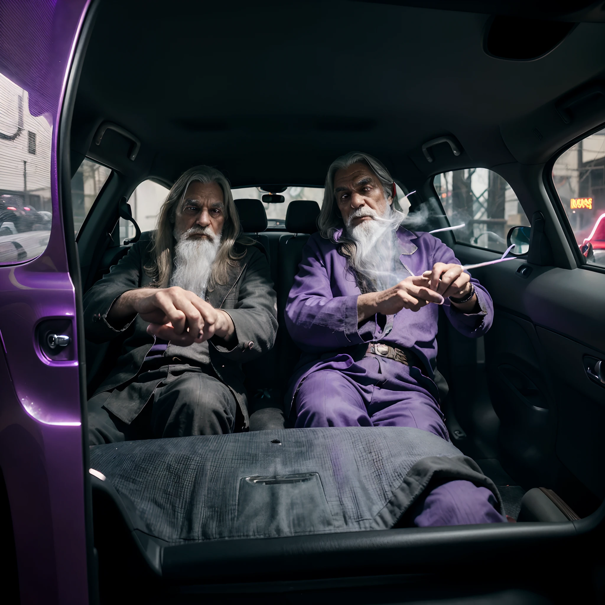 2 wizards, old age , magic,in a car, smoking, smoke in the car, electricity flowing through their hand, magic powers, smoke everywhere, the look high, like look drugged, hands on the steering wheel, purple and red neon lights, high quality, high detail, 8k