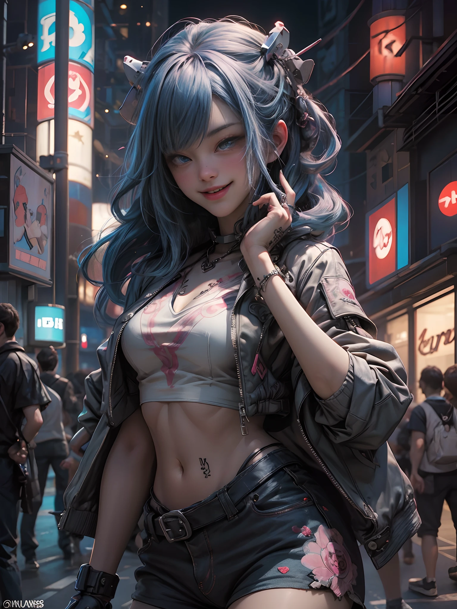 16K, High resolution, RTTX10.0, Ray Tracing, Natural light, Absurd, Top quality masterpiece, Perfect anatomy and highly detailed face, fine grain, Beautiful Hair, so beautiful, Edgy, Nice, Evil Aura, the wind is strong, Glowing Eyes, dystopian city, Futuristic, Detailed Background, Awards, Neon Light, It was a hot topic on Art Station., Climax, Sweat is splashing, (((Torn black tank top))), (((Torn blue shorts))), 自然A pose, Intense movement, color々A pose, (((dj))), Concentrated on the music