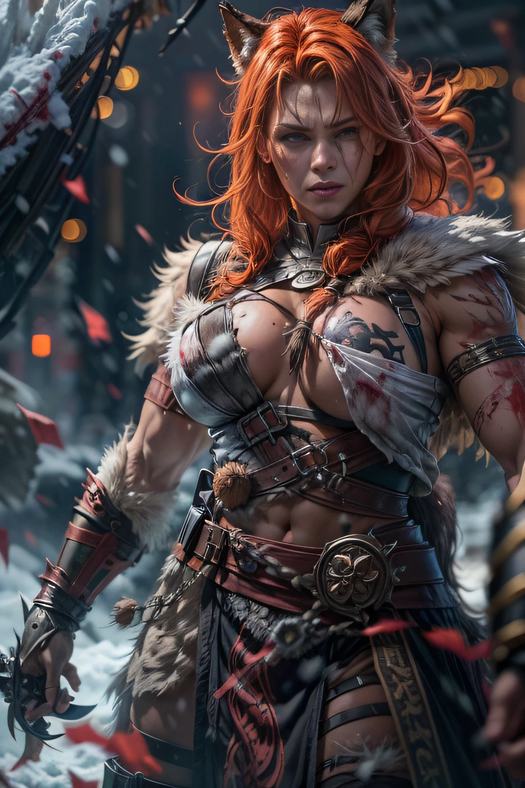 4k highly detailed realistic digital extremely high quality RAW photograph, a huge masculine woman, detailed body, detailed face, detailed eyes, orange hair, now leading them to battle. torn clothes exposing (:1.4) body, armored pauldrons, fangs, curled horns, big breasts, ((snow and blood)), ((wolf tattoos)), epic, hyperrealistic, hyperrealism, 8k, cinematic lighting, greg rutkowski, wlop, (f1.8 short focus bokeh)