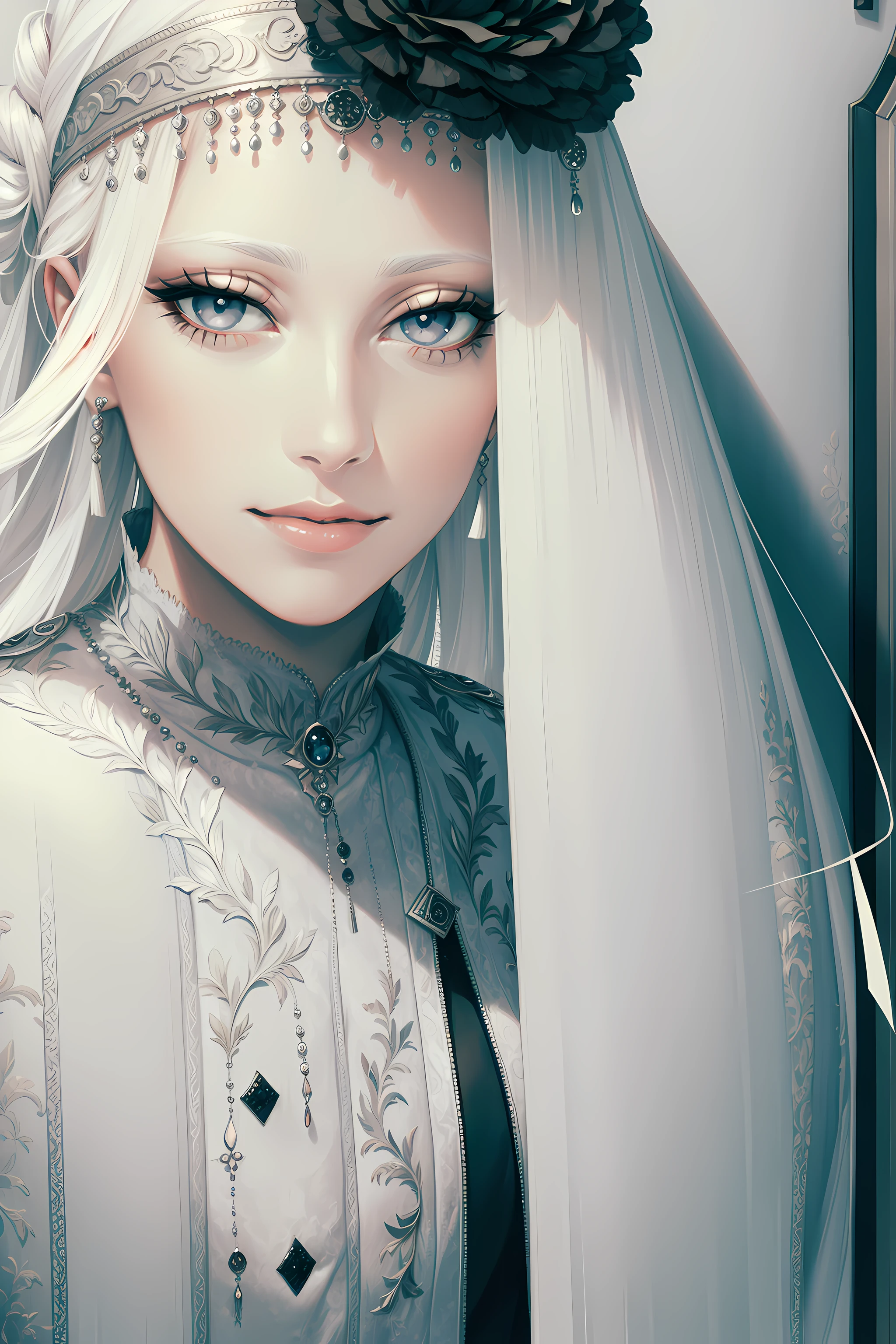 a veil on her head, Grey veil, White hair, Off-white, Guvez Art style, Arrogant and heartless girl, Half-squinted, White eyeballs, White eyes, National style, Off-white