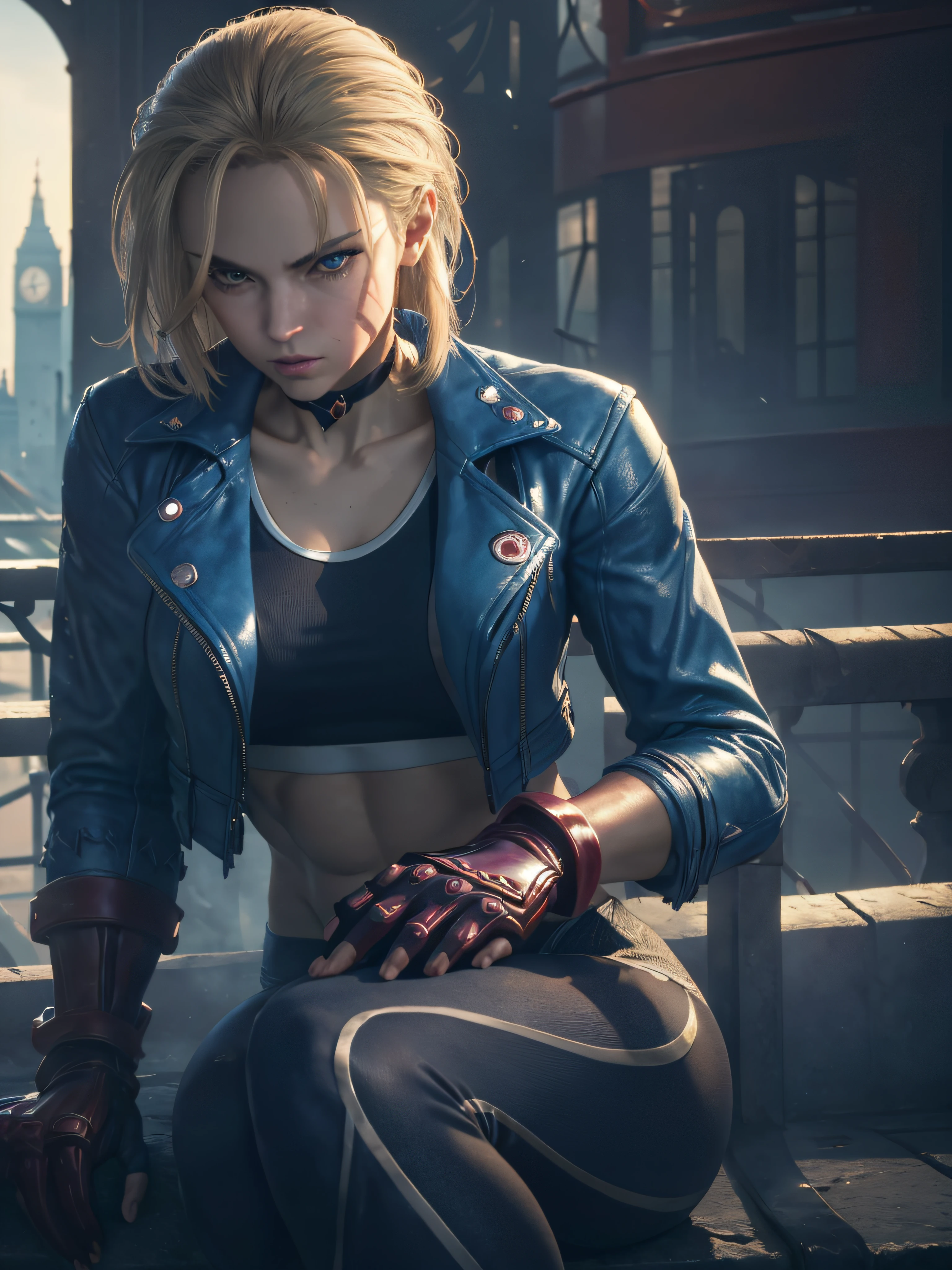 "(exquisitely detailed CG unity 8k wallpaper, masterpiece-quality with stunning realism), (best illumination, best shadow), (best quality), (elegant and demonic style:1.2), (closeup:1) Arti modern anime. angled view, heroic pose, closeup full body portrait medium shot of cammy, navy blue sports bra, light blue open jacket, navy blue yoga pants, red gloves, Abdominal muscle, muscles, (eyes looking at viewer:1.0), abs, depth of field blur effect, night, full zoom, action portrait, photorealistic. cinematic lighting, highly detailed. best quality, 4k, Better hand, perfect anatomy, leaning forward, foreshortening effects, (leaning forward:1) (cute coy flirty sexy expression), foreshortening effect, (piercing eyes:0.8), surrounded by an ominous and dark atmosphere, accentuated by dramatic and striking lighting, imbued with a sense of surreal fantasy", (mature:0.5) (in london city in the afternoon:1.5) (alone:1.5) (pretty cute face:1.3) (secret agent pose:1) (elegantly sitting:1.5) (daytime:1.9)