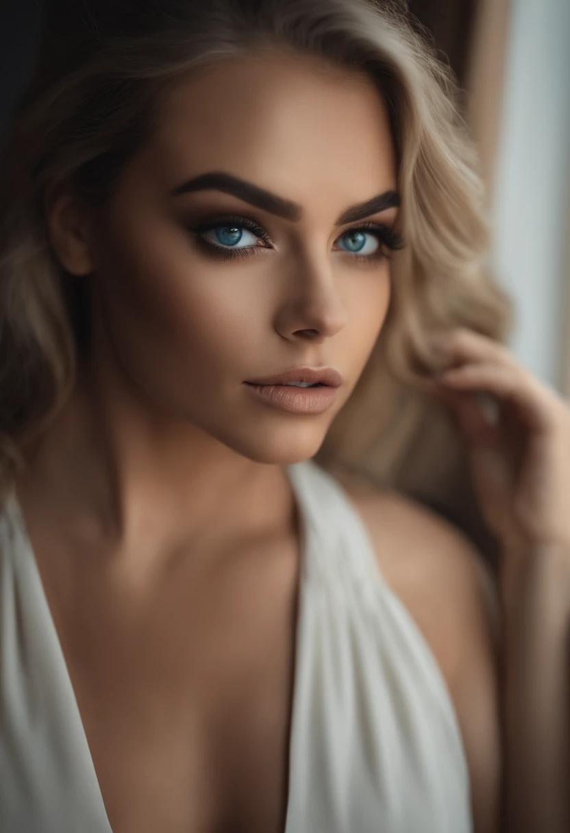 Arafed mujer completamente , Chica sexy con ojos azules, ultra realista, meticulosamente detallado, ((portrait)), cabello rubio y ojos grandes, selfie de una mujer joven, Camera eyes, Violeta Myers, Sin maquillaje, Maquillaje natural, staring directly into camera, Cara con Artgram, Maquillaje sutil, , caderas grandes, Busto muy grande, in the room, Vestido con ropa deportiva