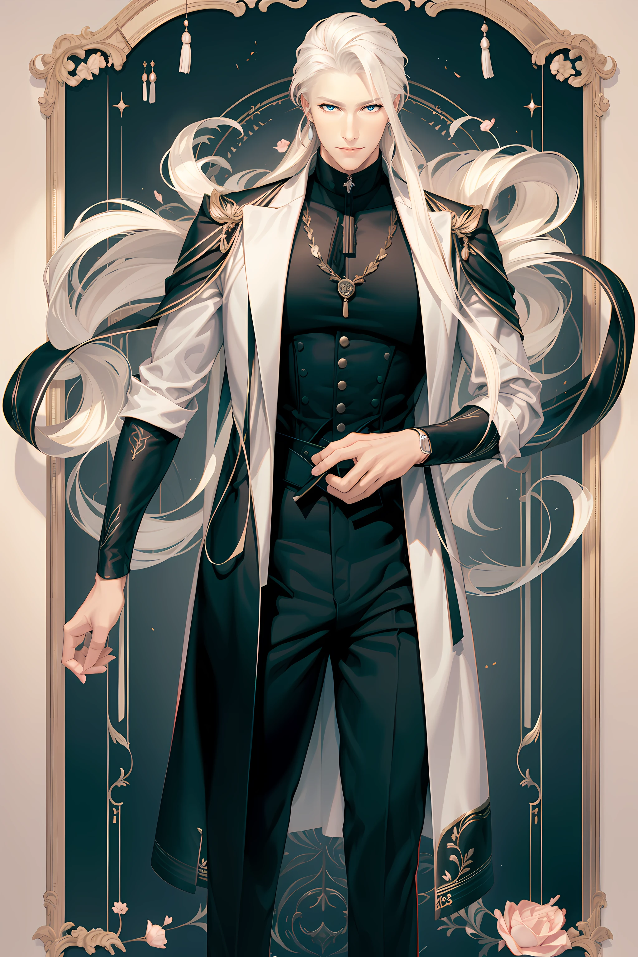 gorgeous man, Strong physique, Black social top, Long white pants, Black social shoes, The blonde hair parted in the middle, Straight hair, with brown eye, Slender appearance, elegant, library scenery, Brown tie, Indifferent eyes, Old Kingdom, man in his 40s.