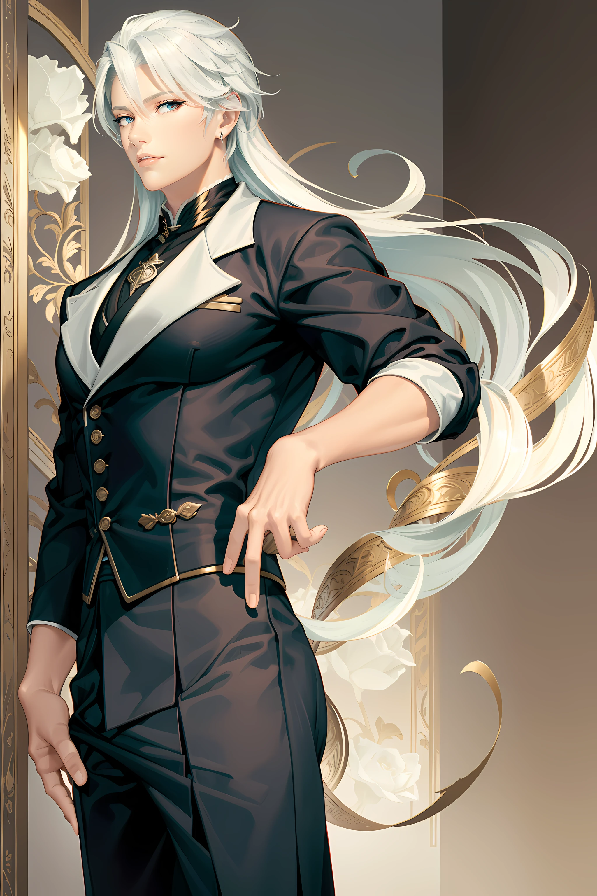 gorgeous man, Strong physique, Black social top, Long white pants, Black social shoes, The blonde hair parted in the middle, Straight hair, with brown eye, Slender appearance, elegant, library scenery, Brown tie, Indifferent eyes, Old Kingdom, man in his 40s.