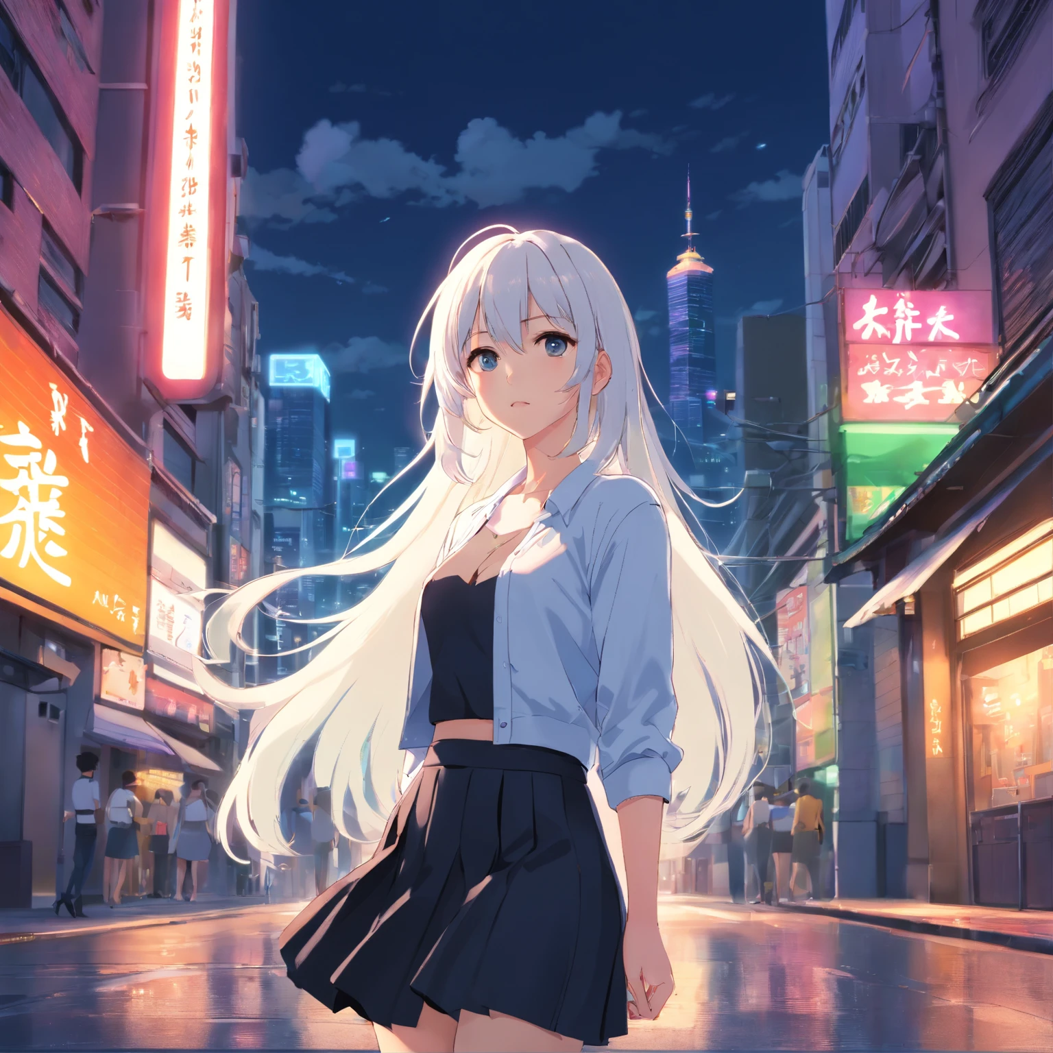 ((masterpiece)), (best quality), (high detail), (realistic),8k,girl,long white hair,black skirt ,solo,sexy,big breast, dark night neon city,view from beshind,on the street