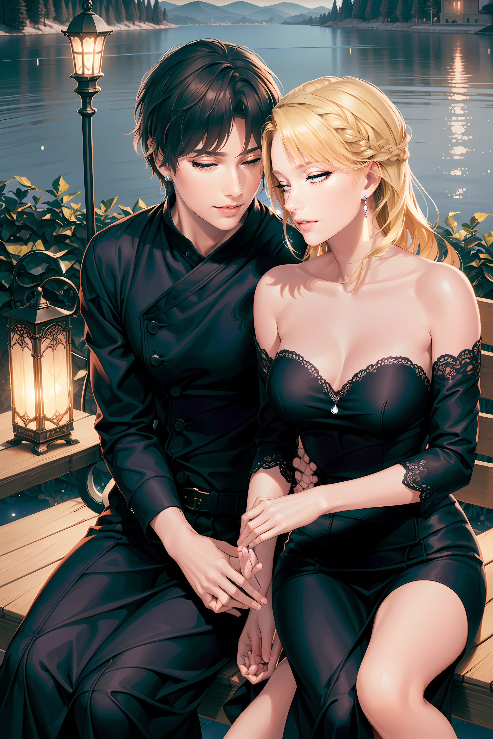 Intimate and high-quality photos (couple:1.2), Sit on (bench:1.1), (Enchanting light:1.1), Sexy, Passionate, exquisite and meticulous, (Sweat:1.1) with (gleaming water droplets:1.1), castle background, Sony Alpha 7R IV camera, digital photograph, f/2.8lens, Black-red, , Too many realistic textures, Social media trends, Night light