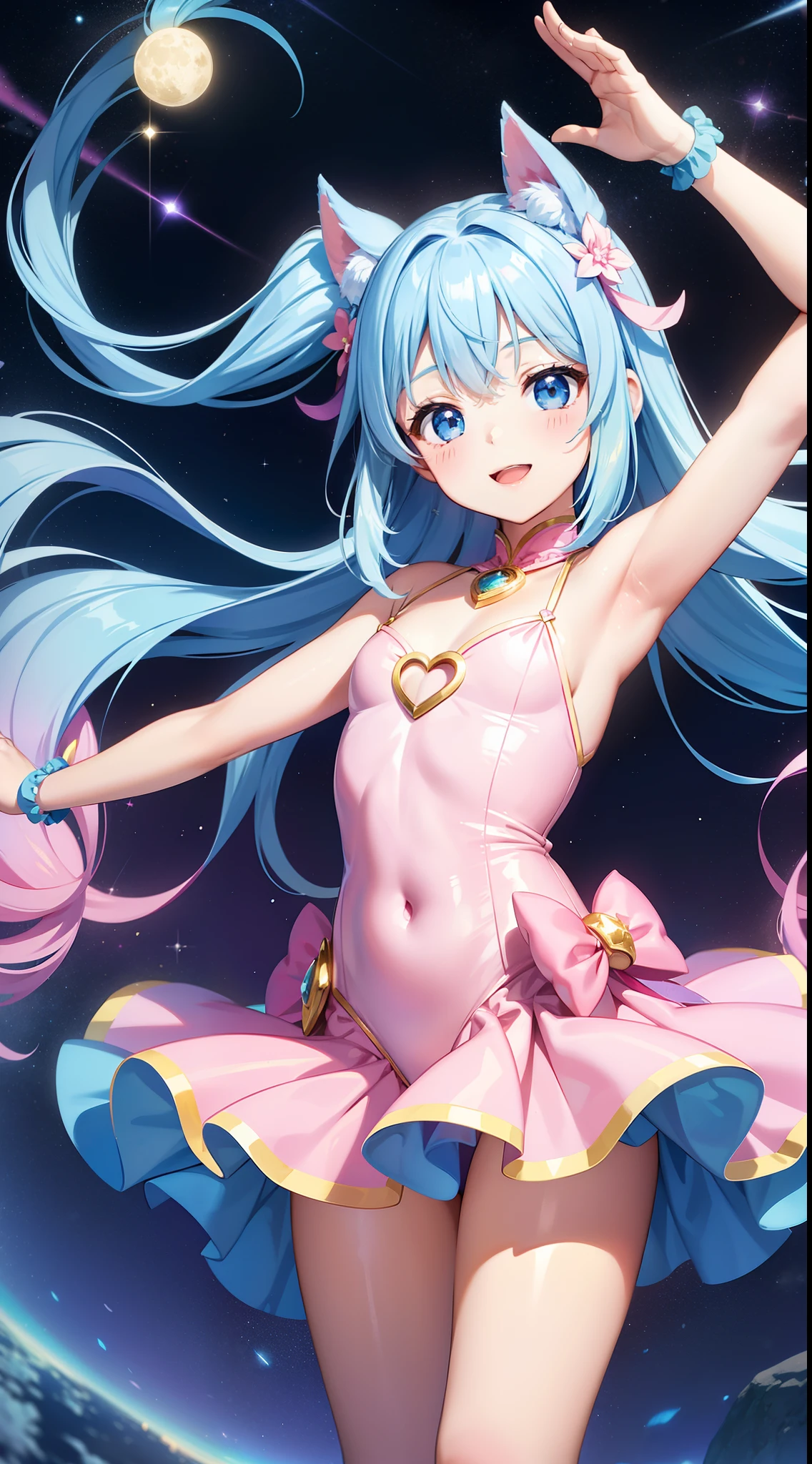 Super Idol adorable smiling Medium chest sky blue hair length hair Twin-tailed Looking at the camera Glittering pink and white、Blue and yellow leotard costume Fluffy Mystical Fantasia constellation a moon Crystal Brilliance Aurora Borealis in the Night Sky