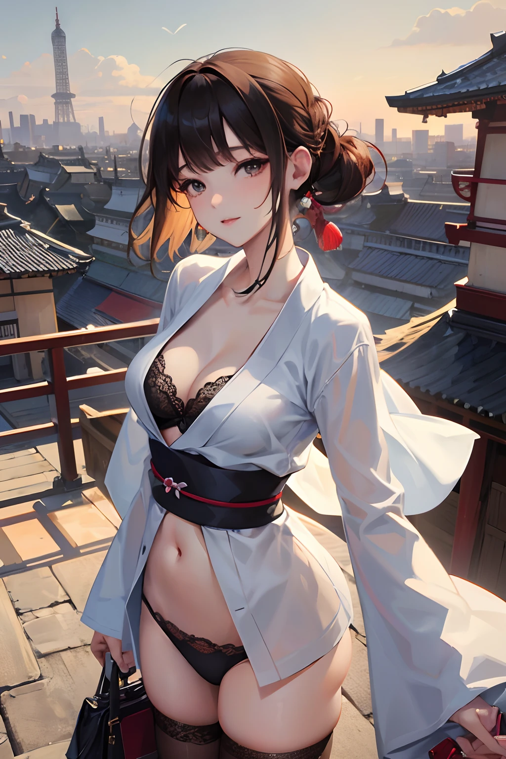 Short bangs, Masterpiece, Best quality, A high resolution, 1girll, Japanese,view the viewer,(Smile:0.6),Erotic panties,Lace bra,Open shirt,Fenced building roofs,Wind,