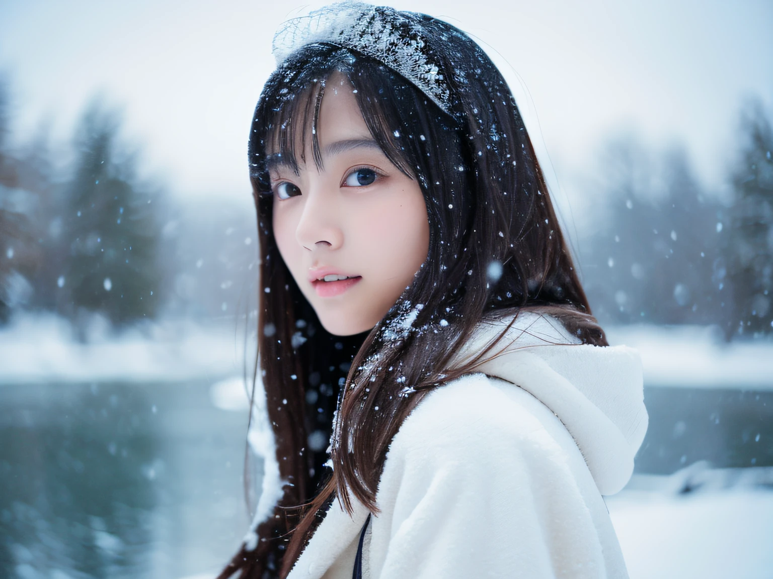 (top-quality、8k、masterpiece)、cute japanese model、shoulder-length hair、Thin makeup、Colossal tits、Wearing a coat、in snow、Clear facial features、sharp and realistic details、From the outside、Eye level shots、F / 4.0、135 mm、jpegartifacts、Doing squats、Grabbing the snow with both hands、