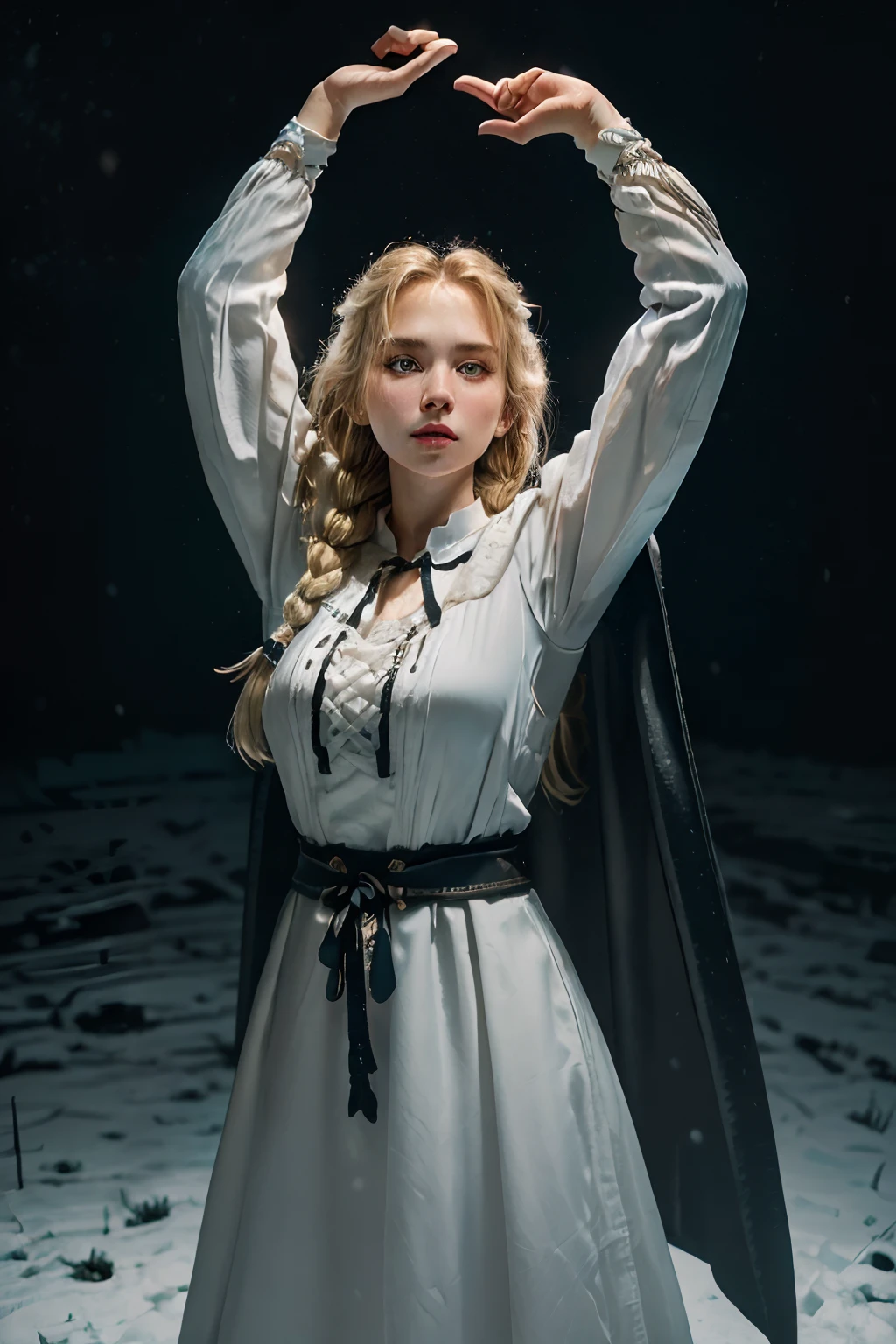 (best quality, highres, ultra-detailed), (HDR, studio lighting), (realistic:1.37), a woman with blond hair tied in a braid wearing classic Slavic white  dress and black cape with arms raised up, standing, dark winter night, snowing, dark theme