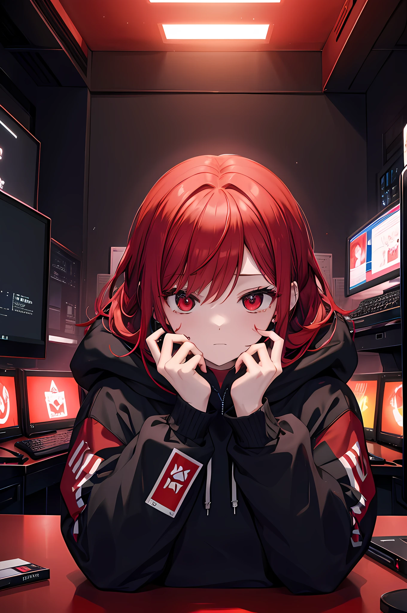 hiquality(1.4)、、Woman in a black hoodie、personal computers、Lots of monitors、Red hair color、Red tattoo、Dark indoor、Red light up、A box of cigarettes placed on the table