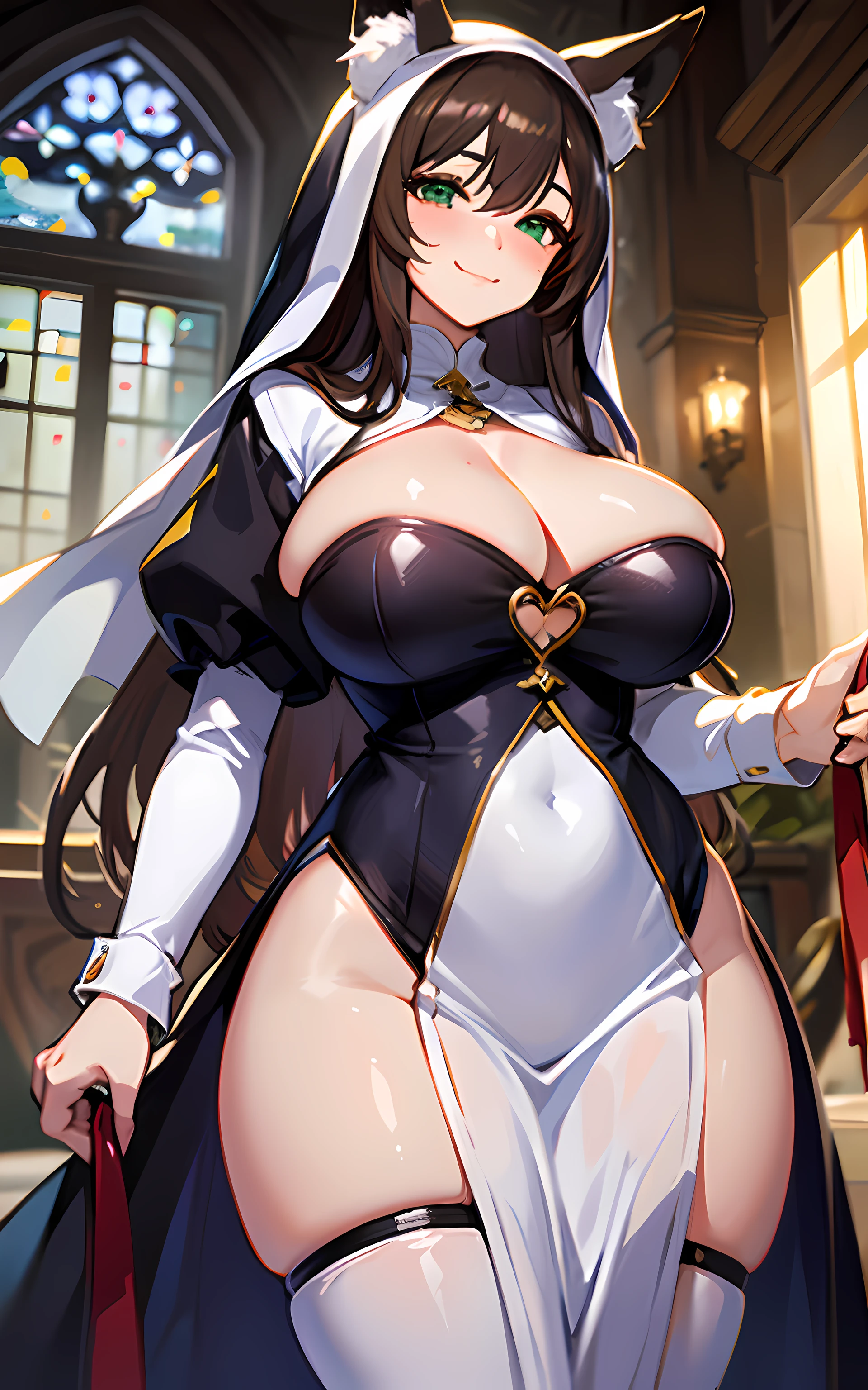 (Masterpiece: 1.5), (Best Quality: 1.5), Perfect Eyes, Perfect Face, Detailed Eyes, Volumetric Lighting, 1 Woman, Mature Woman, (Whiteness: 5), fox ears, fox tail, dark brown hair, green eyes, long hair, sexy, cowboy shot, massive breasts, cleavage, nun dress, nun habit, revealing cloths, lewd gaze, lewd smile, blushing,