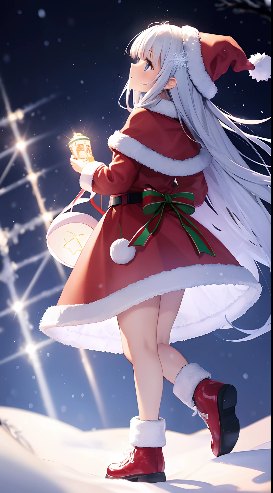Santa Claus happily holding the present、Santa Claus is a pretty girl、Stars in Eyes(kirakira)、head looking up、Kaihuai、Lovely red shoes、foco nítido, Ultra detail, radiant light、Bio-luminescence、Snowscape、It's snowing、Draw a large snowflake in the foreground、taken from behind、Stronger bokeh effect