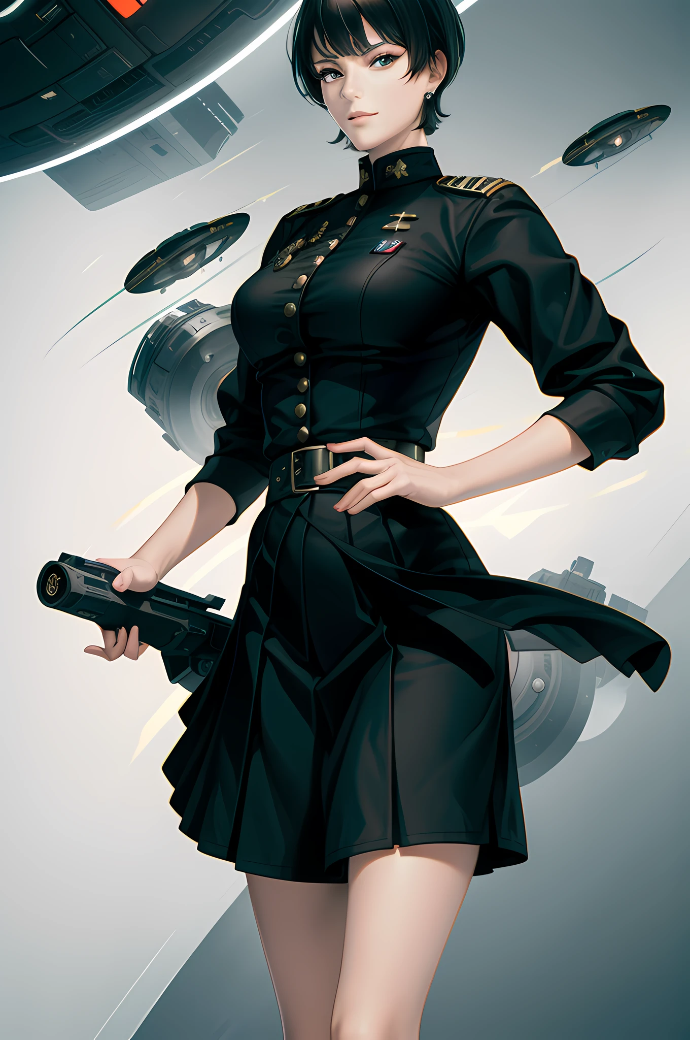 (Highest resolution, distinct_image), Best quality, Masterpiece, Highly detailed, Half realistic, A woman with short black hair, Mature woman, Three bangs, black uniforms, Black pleated skirt, army suit, Spaceship space, Control, Commander