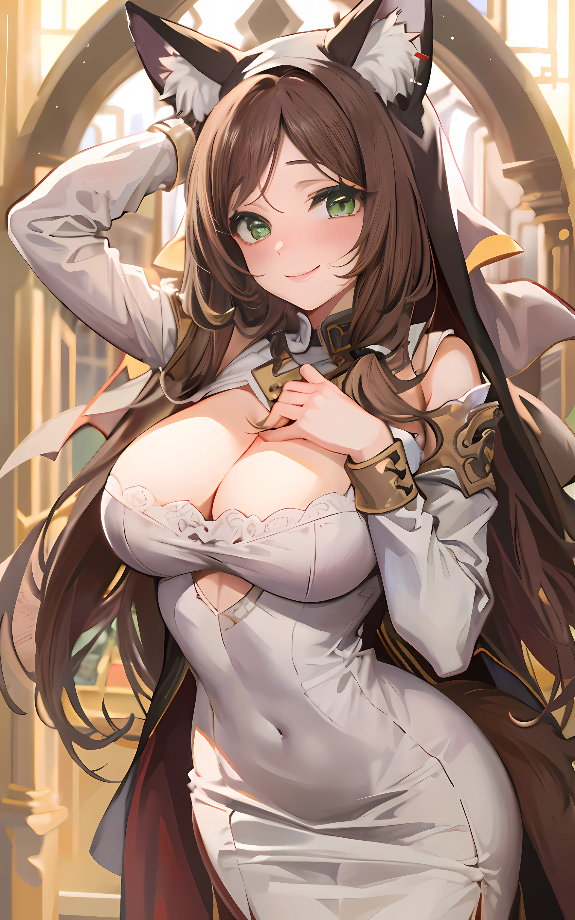 (Masterpiece: 1.5), (Best Quality: 1.5), Perfect Eyes, Perfect Face, Detailed Eyes, Volumetric Lighting, 1 Woman, Mature Woman, (Whiteness: 5), fox ears, fox tail, dark brown hair, green eyes, long hair, sexy, cowboy shot, massive breasts, cleavage, nun dress, nun habit, revealing cloths, lewd gaze, lewd smile, blushing,