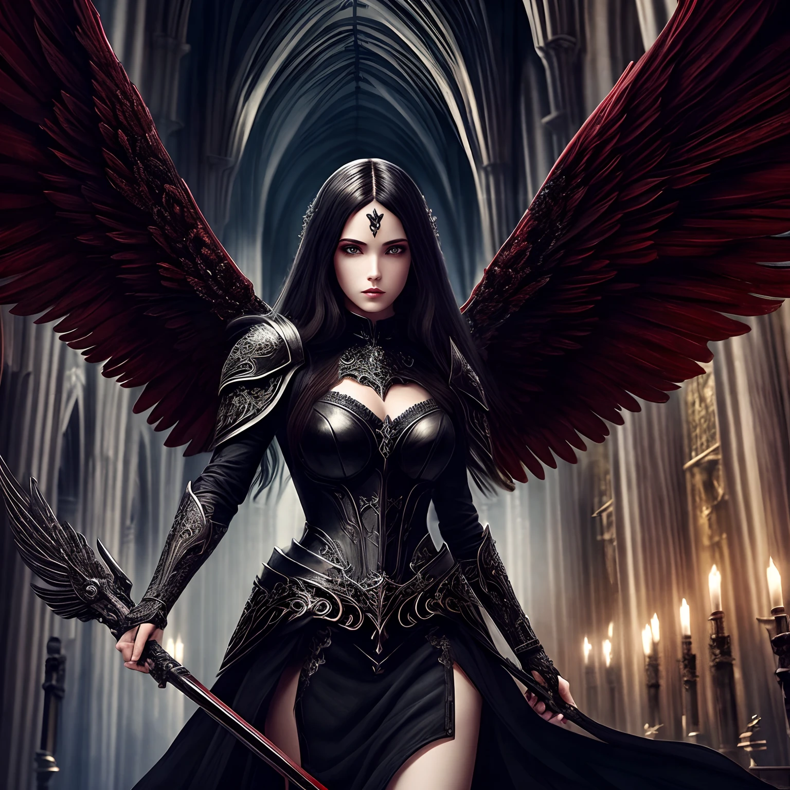 Best Quality Masterpiece A Woman Angel Warrior Gothic Incredibly Beautiful Long Red Eyes Black Hair Black Wings Wearing Black Clothes And Armor Corrupt Angel Woman In An Intricate Cathedral Utra Detailed 8K Extremely Realistic And Detailed