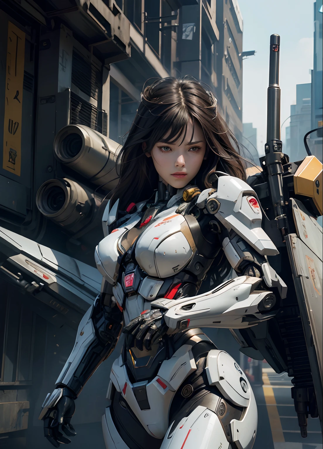 Textured skin, Super Detail, high details, High quality, Best Quality, hight resolution, 1080p, hard disk, Beautiful,(cyborgs),(Missiles from the chest),(Machine gun from both hands),beautiful cyborg woman,Mecha Cyborg Girl,Battle Mode,Girl with a Mecha Body,She wears a battle cyborg mech with a weapon,Fulll body Shot