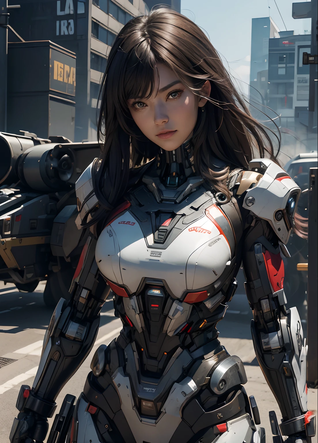 Textured skin, Super Detail, high details, High quality, Best Quality, hight resolution, 1080p, hard disk, Beautiful,(cyborgs),(Missiles from the chest),(Machine gun from both hands),beautiful cyborg woman,Mecha Cyborg Girl,Battle Mode,Girl with a Mecha Body,She wears a battle cyborg mech with a weapon,Fulll body Shot