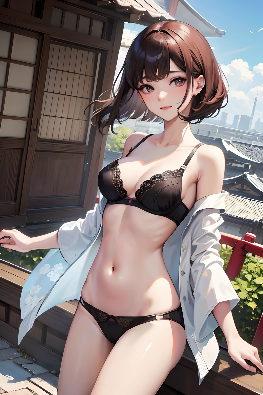 short length bangs, Masterpiece, Best quality, A high resolution, 1girll, Japanese,view the viewer,(Smile:0.6),Erotic panties,Lace bra,Open shirt,Fenced building roof,Wind,