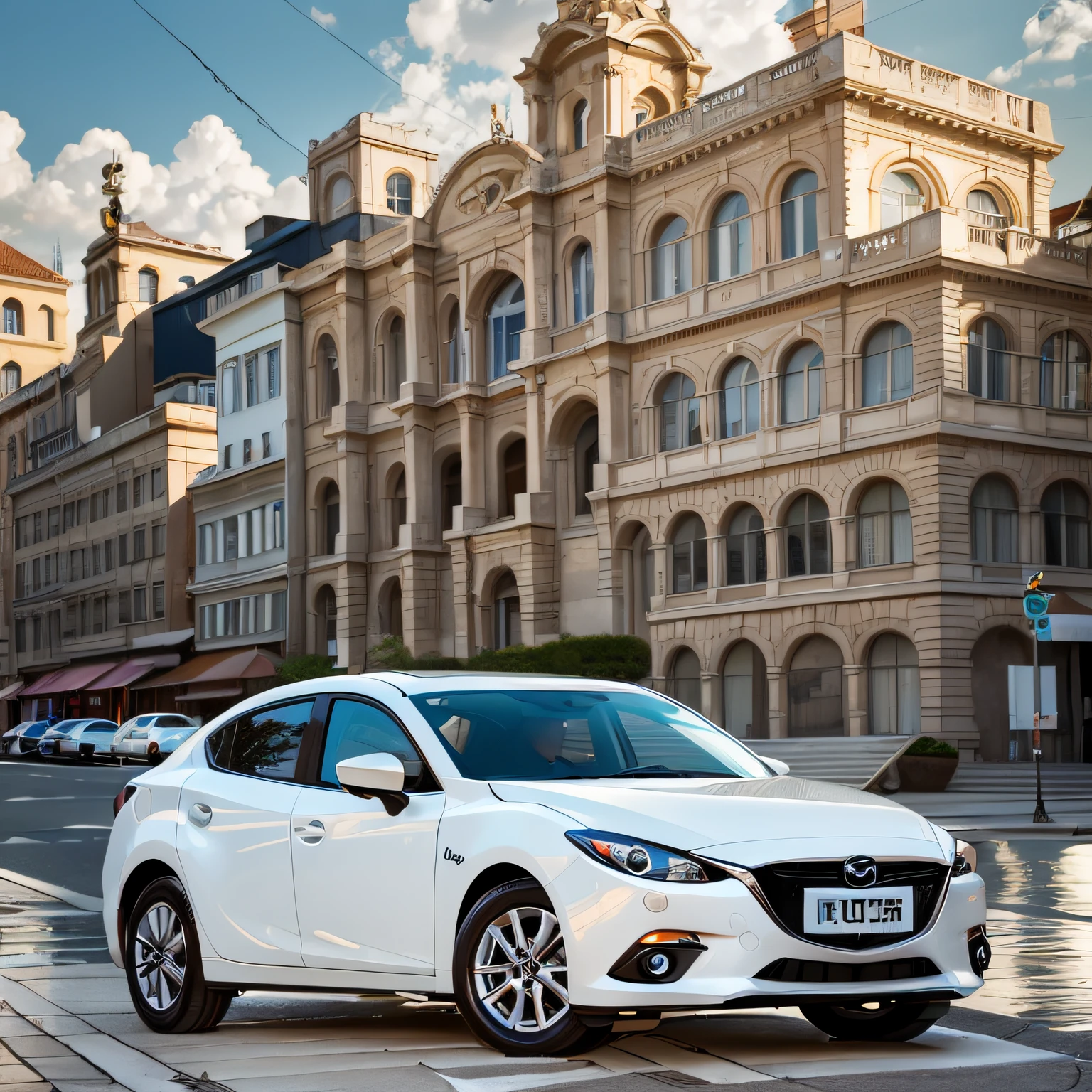 Alafi white Mazda car parked on a city street in front of a classical building,4l shot on Sony A 7 III,car commercial photograph,automotive photography,vehicle photography,800t,advertising photograph,product introduction photos,artistic pose,Shot with a Sony Alpha 1 camera,White Mazda Onkesera,HD realistic,High artistic atmosphere,Classical city streets,French architectural style