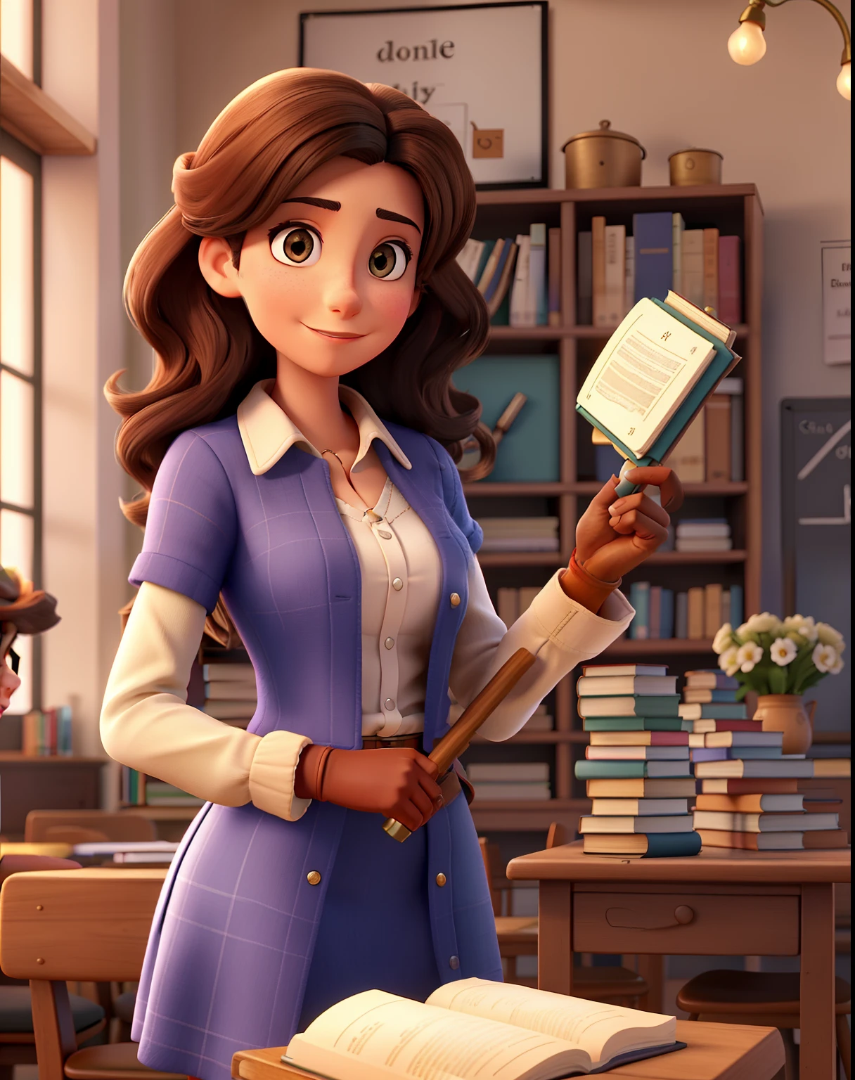 A brunette teacher on the right side with her arm raised behind her, a Portuguese woman and on the left a table with books on the table and a mace on top of her gloves