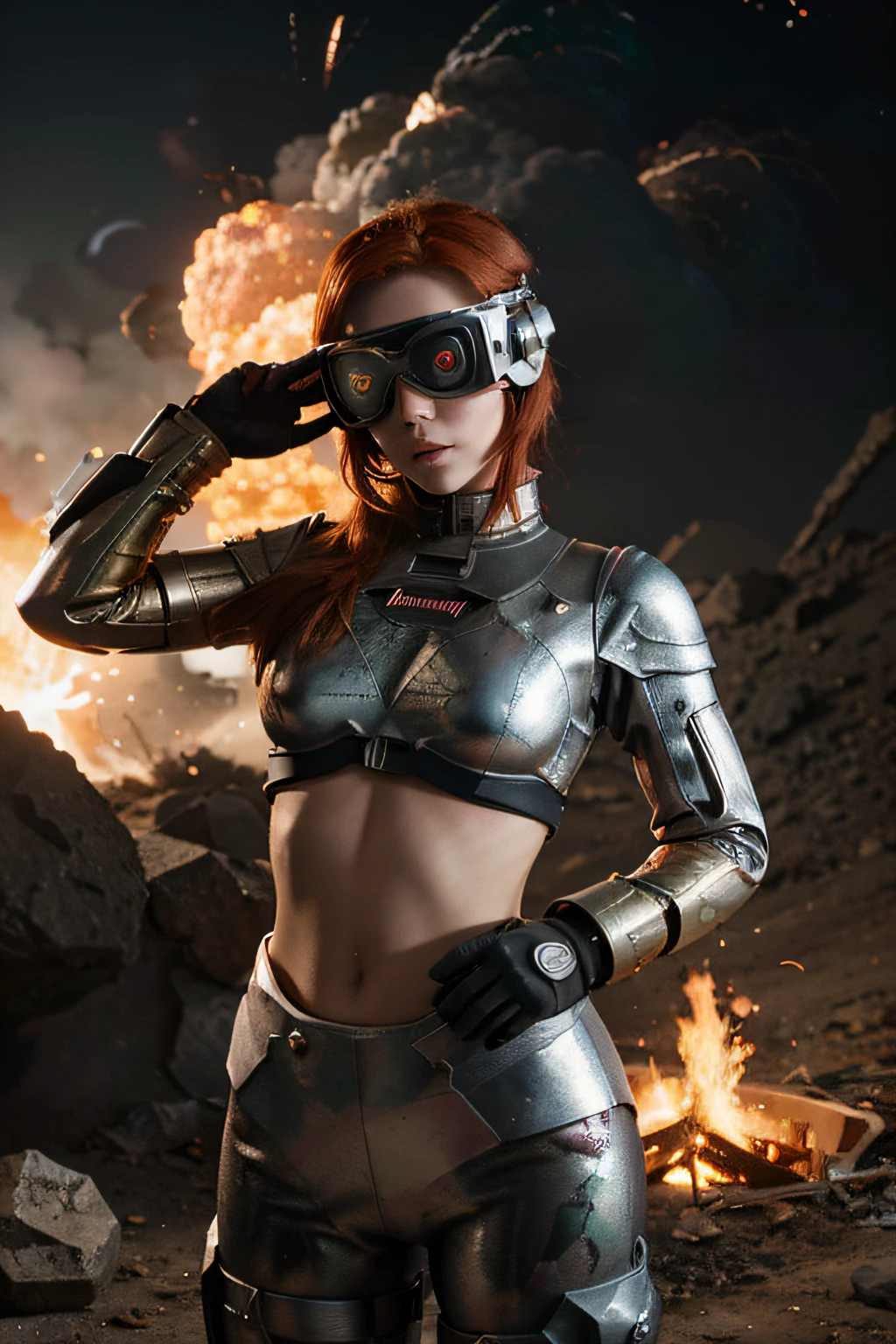 A toon Explosion Radiactive Redhair Crazy whit a Big ONE a Only Eye Robot CCCP Soviet, and helmet Style, tongs in hands, Tv head, pinhead, camouflage Gold Silver Pink Rusty, Ambient in a meteorite crater super detailed, center, beautiful, soft lighting, focused on the character, 4K resolution, photorealistic rendering,