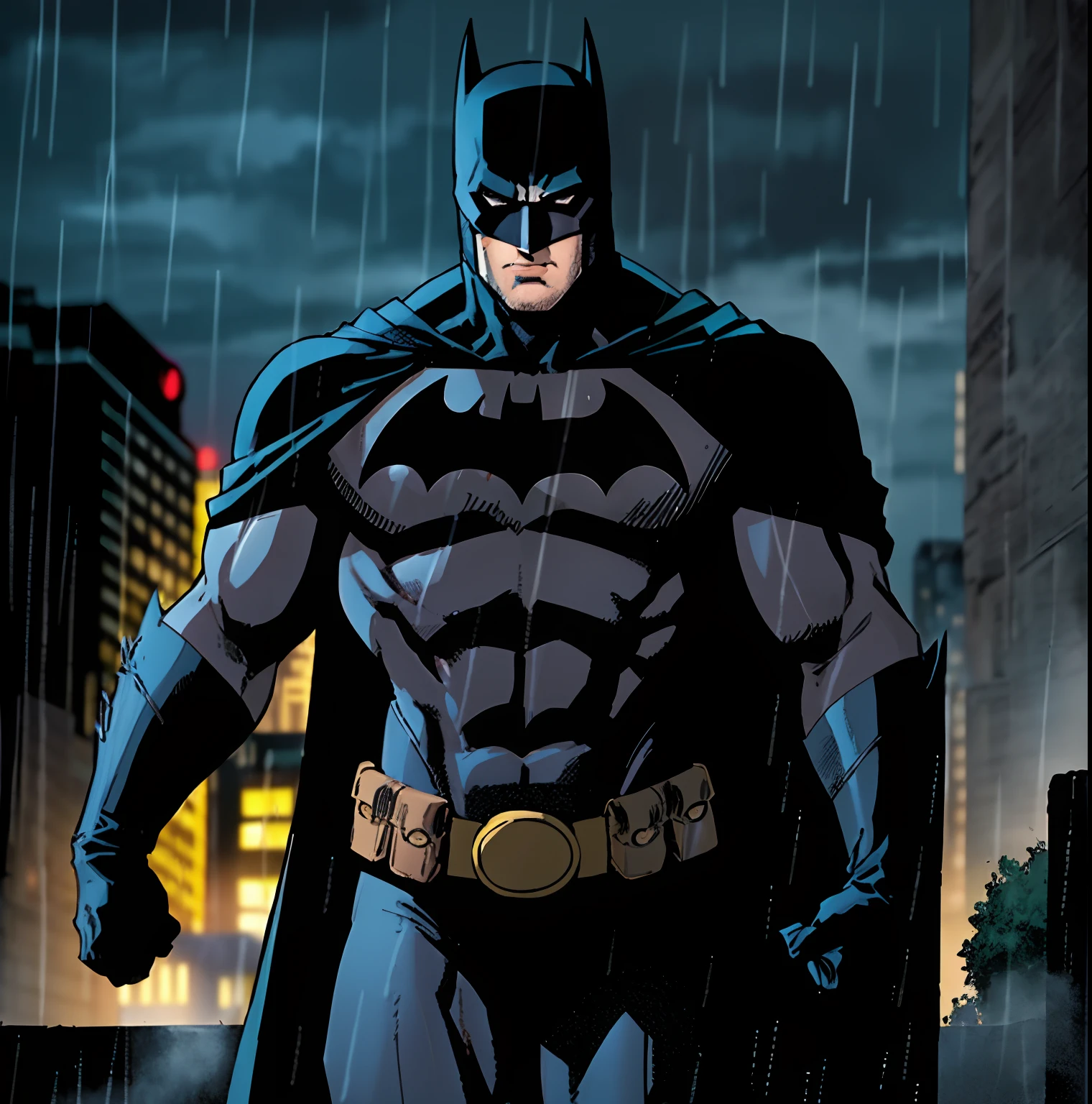 comic book style, batman, 1boy, dark scene, cowboy shot of batman, athletic, white eyes, no pupils, night city, mist, particles, male focus, mask, muscular, muscular male, ragged and torn cape, night, outdoors, rain, serious, dark armosphere, detailed background